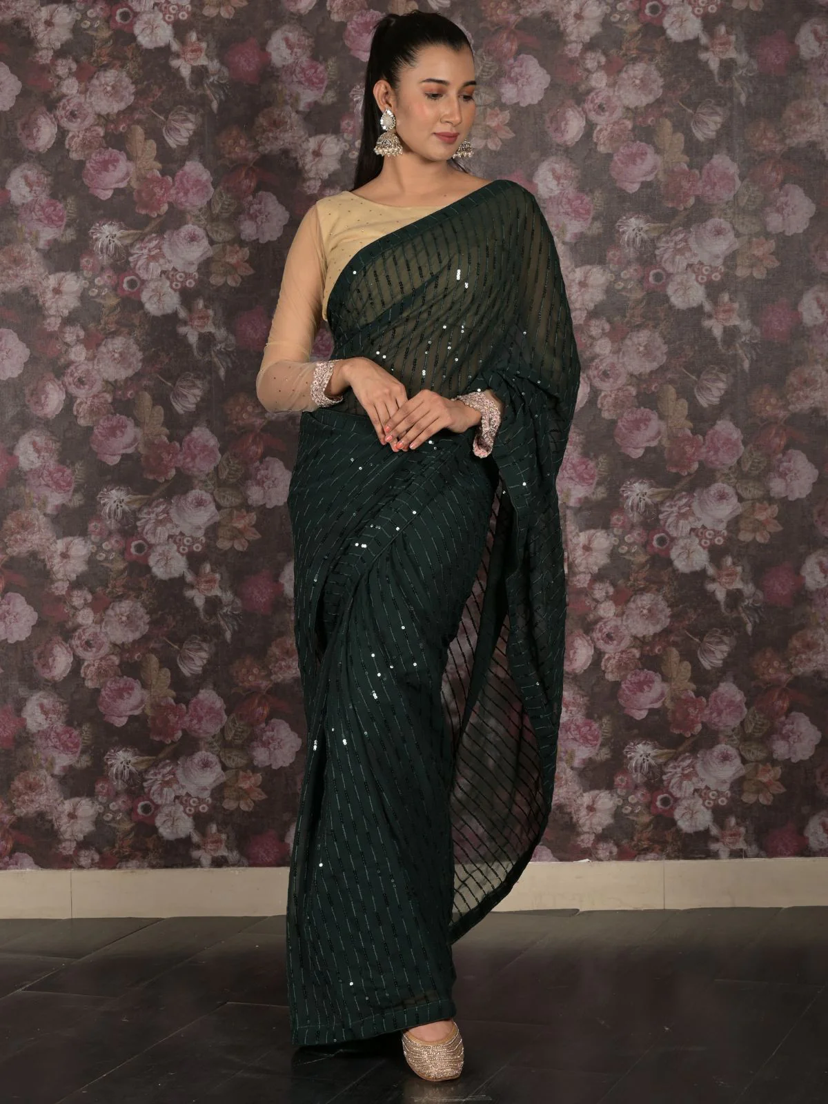 Odette Green Georgette Saree With Unstitched Blouse For Women - Image 2