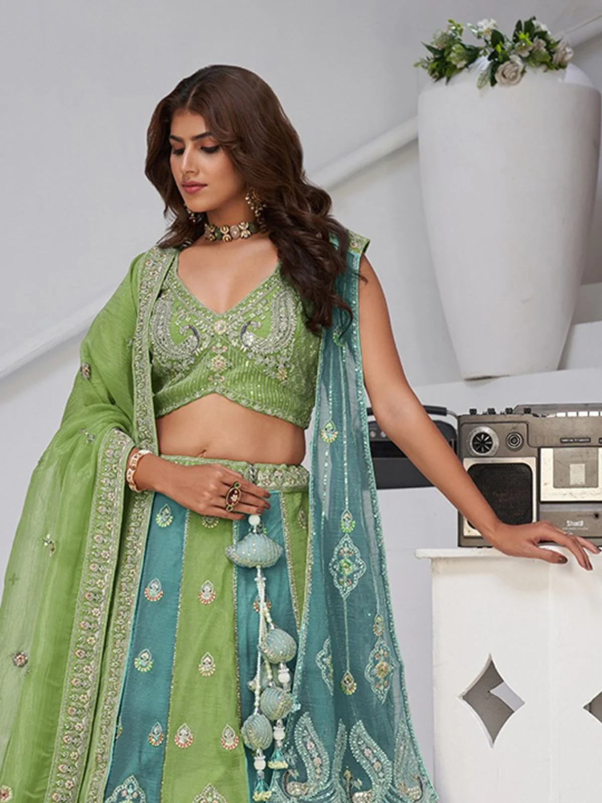 Odette Green Georgette Tissue Embroidered Semi-Stitched Lehenga For Women - Image 4