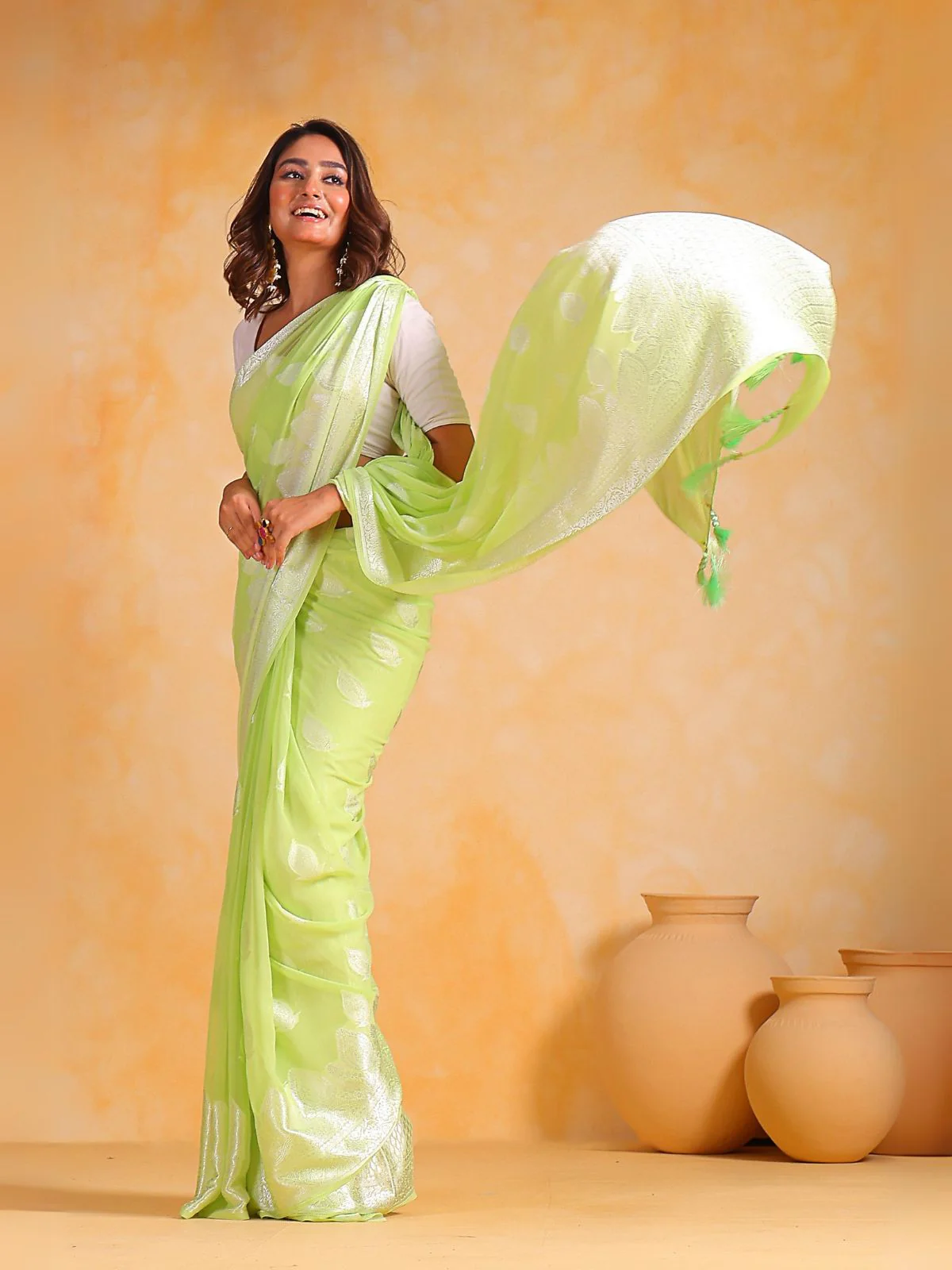 Odette Green Georgette Woven Design Saree With Unstitched Blouse For Women - Image 3