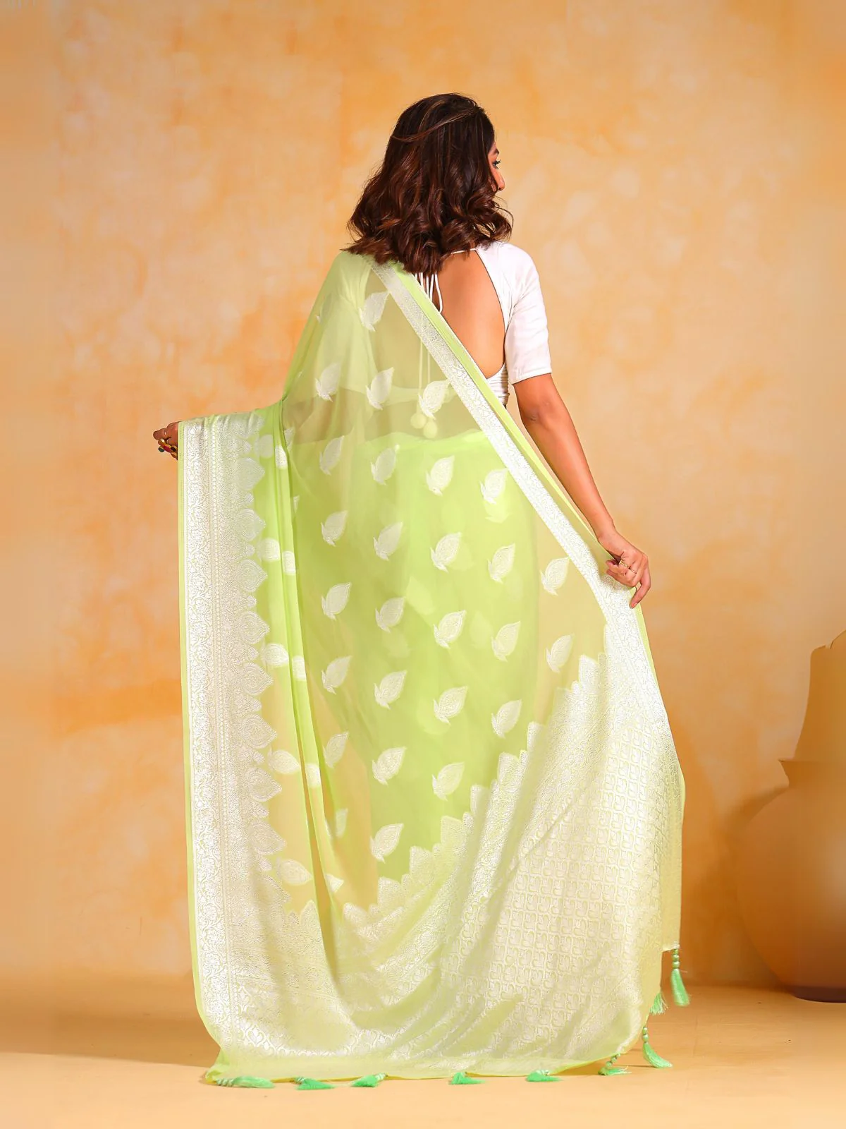 Odette Green Georgette Woven Design Saree With Unstitched Blouse For Women - Image 4