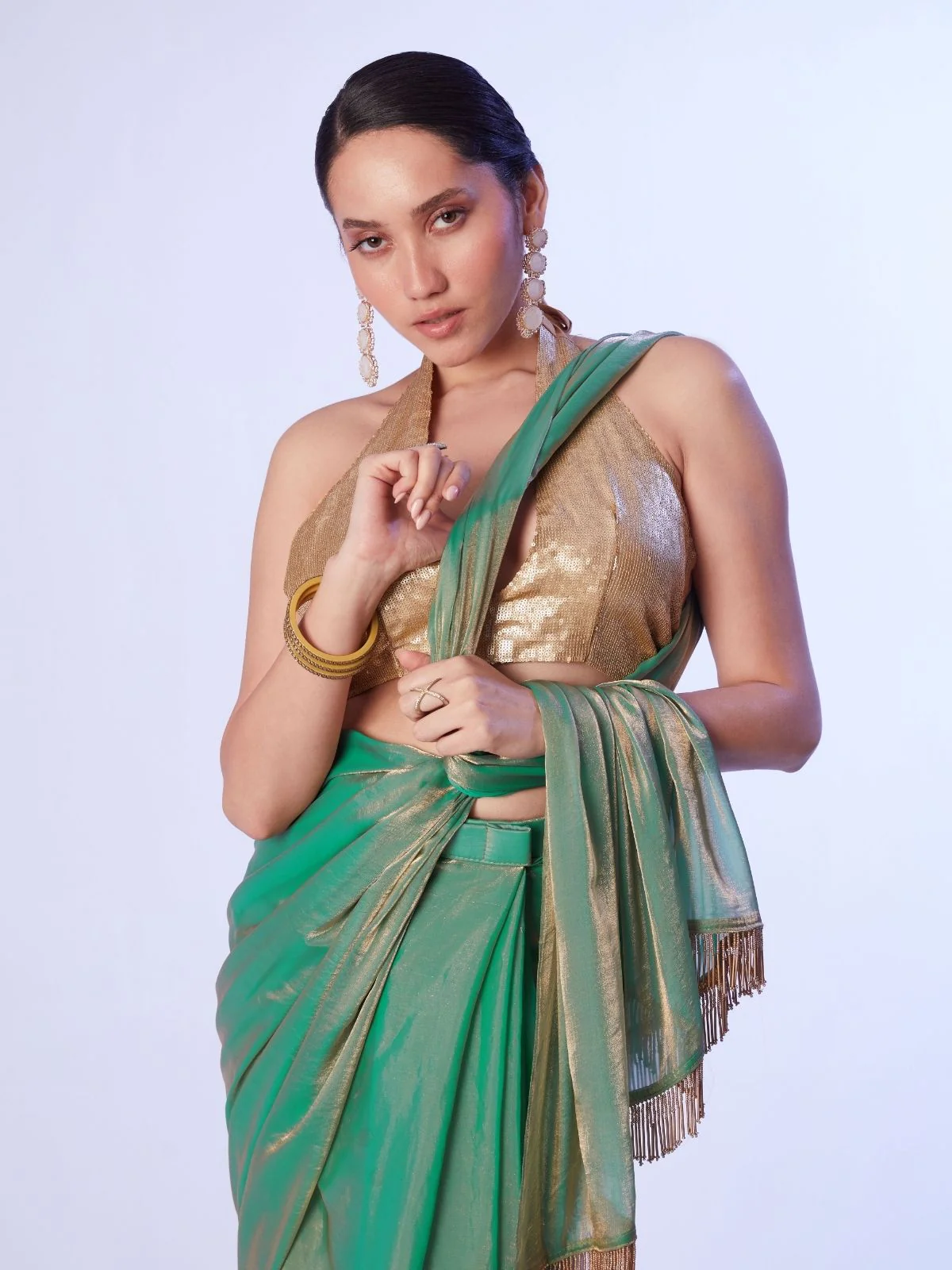 Odette Green Gold Organza Beads Saree With Unstitched Blouse For Women - Image 4