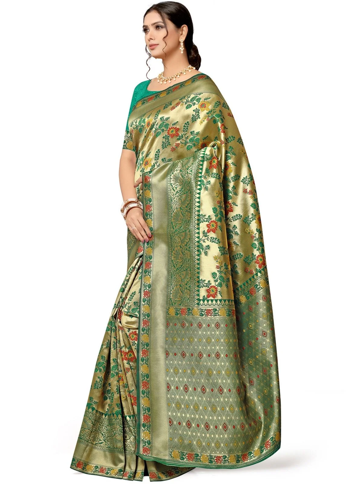 Odette Green & Golden Silk Blend Embellished Saree For Women - Image 2