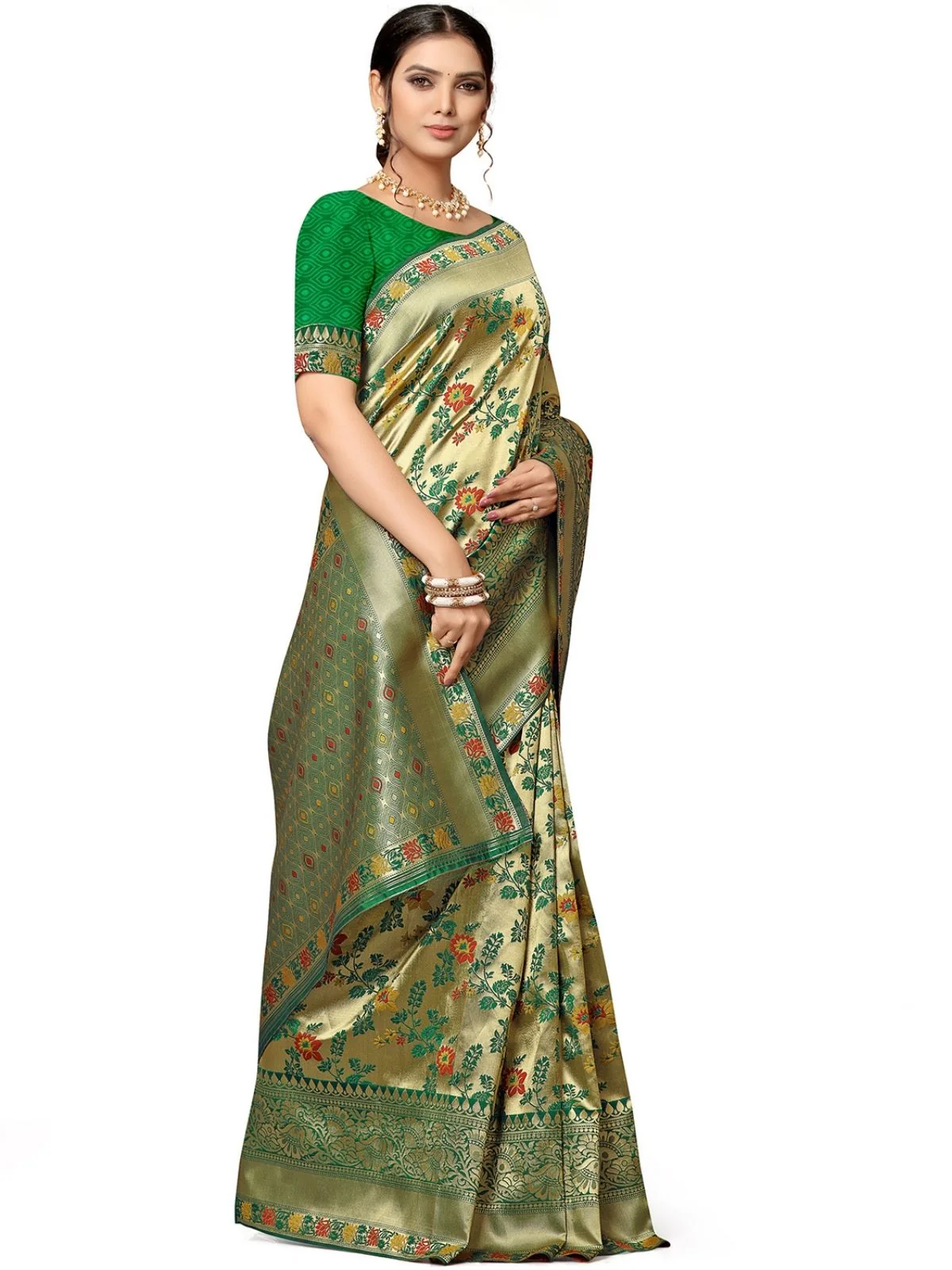Odette Green & Golden Silk Blend Embellished Saree For Women - Image 3