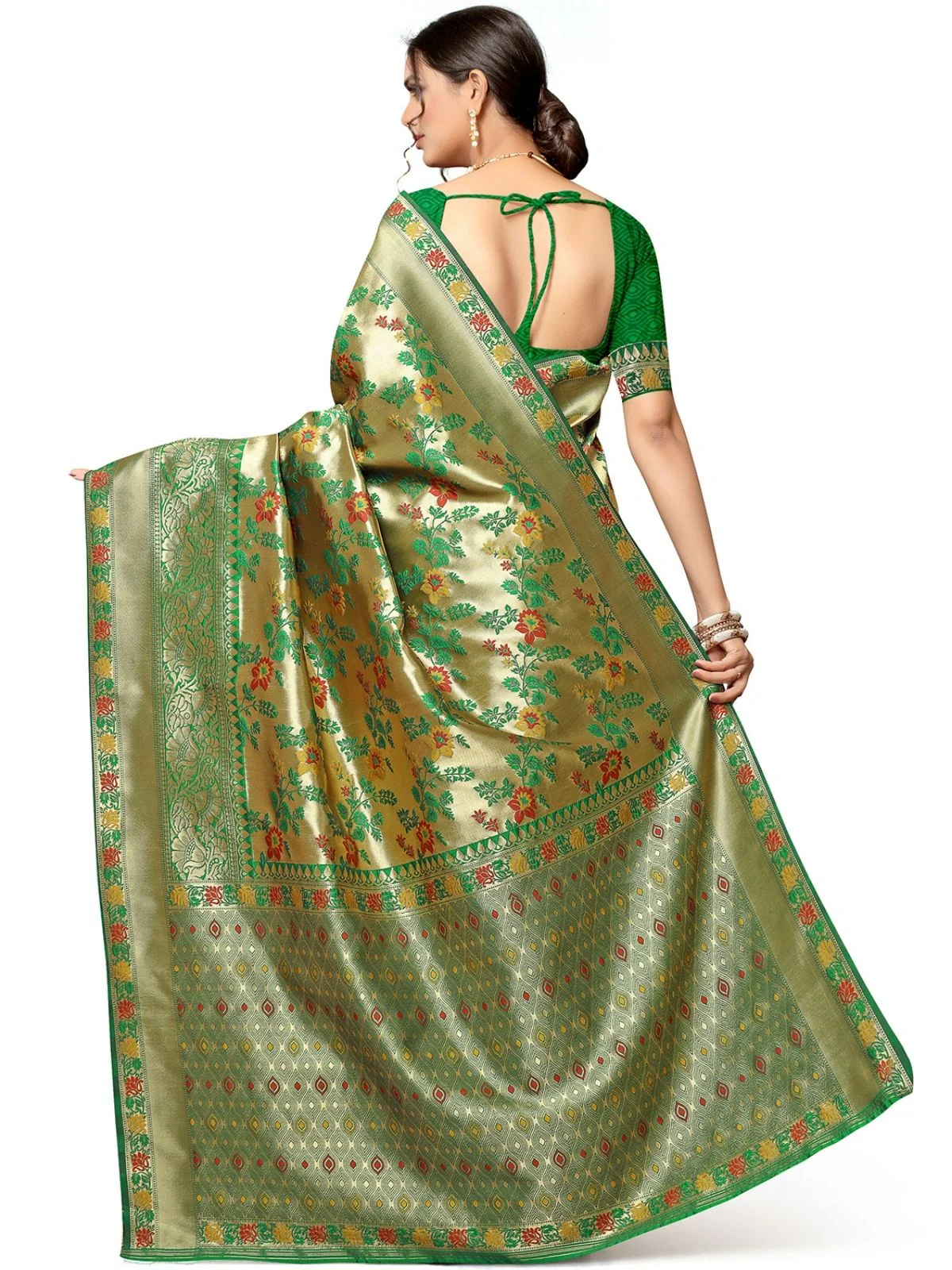 Odette Green & Golden Silk Blend Embellished Saree For Women - Image 4