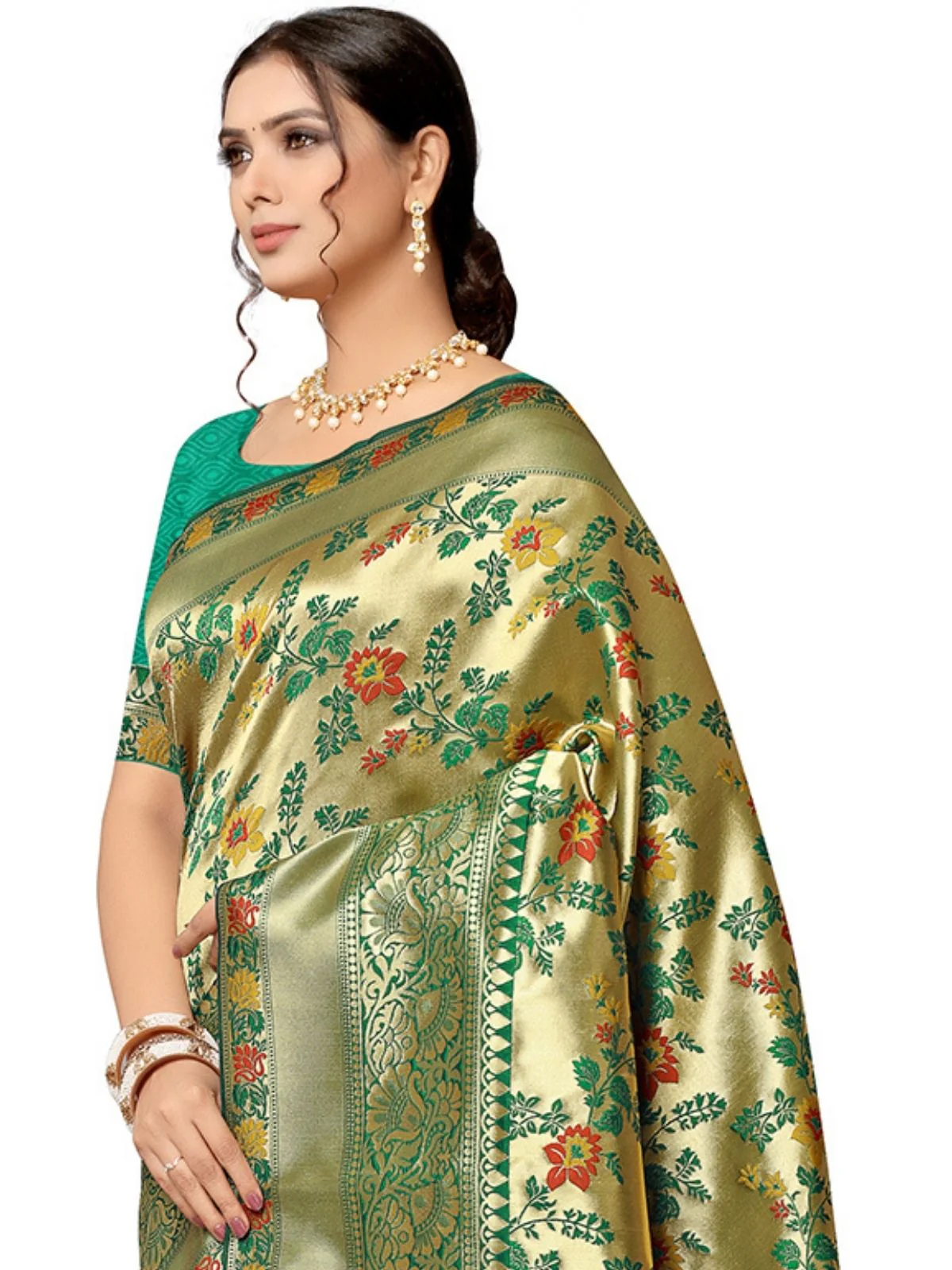 Odette Green & Golden Silk Blend Embellished Saree For Women - Image 5