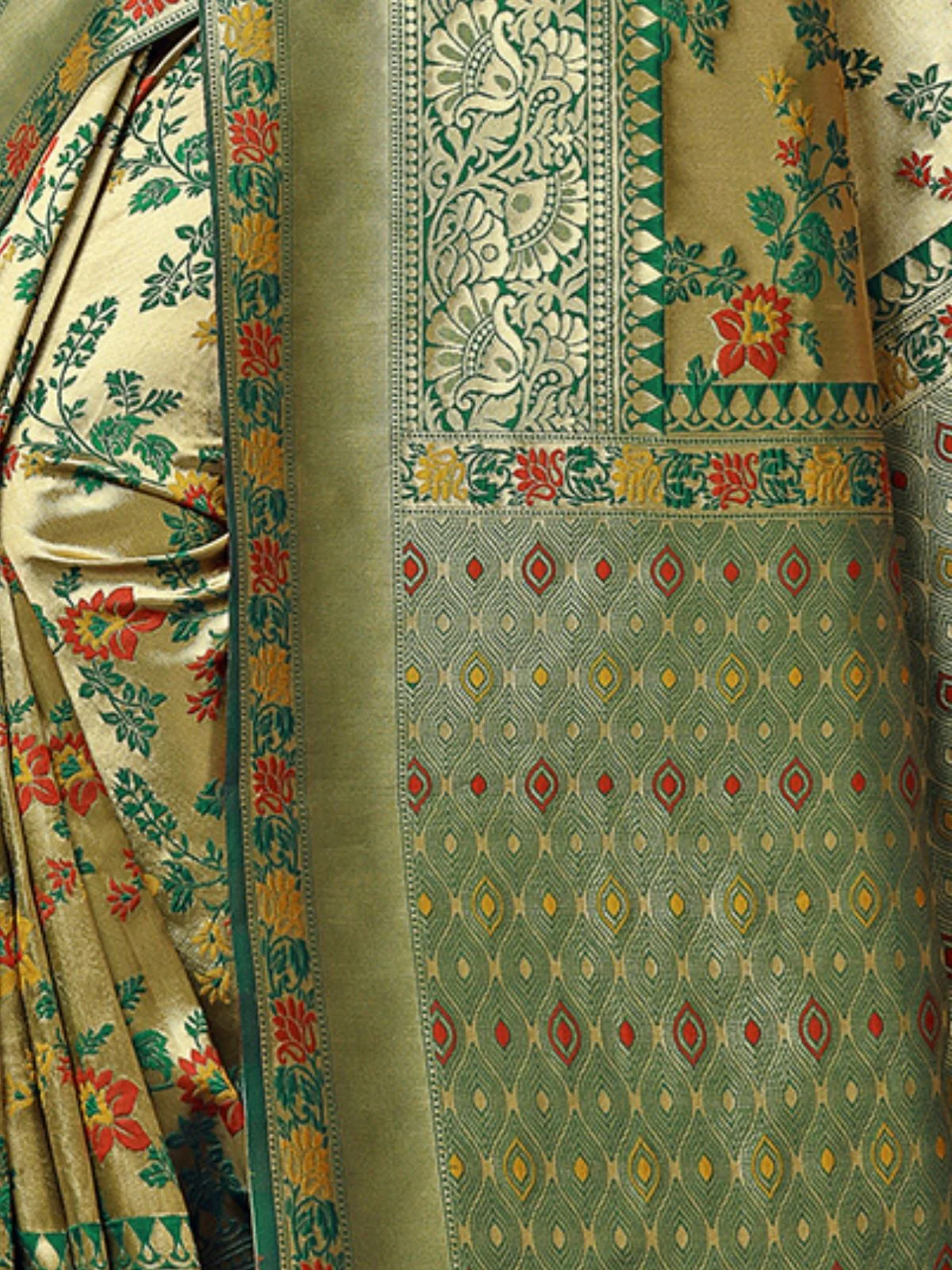 Odette Green & Golden Silk Blend Embellished Saree For Women - Image 6