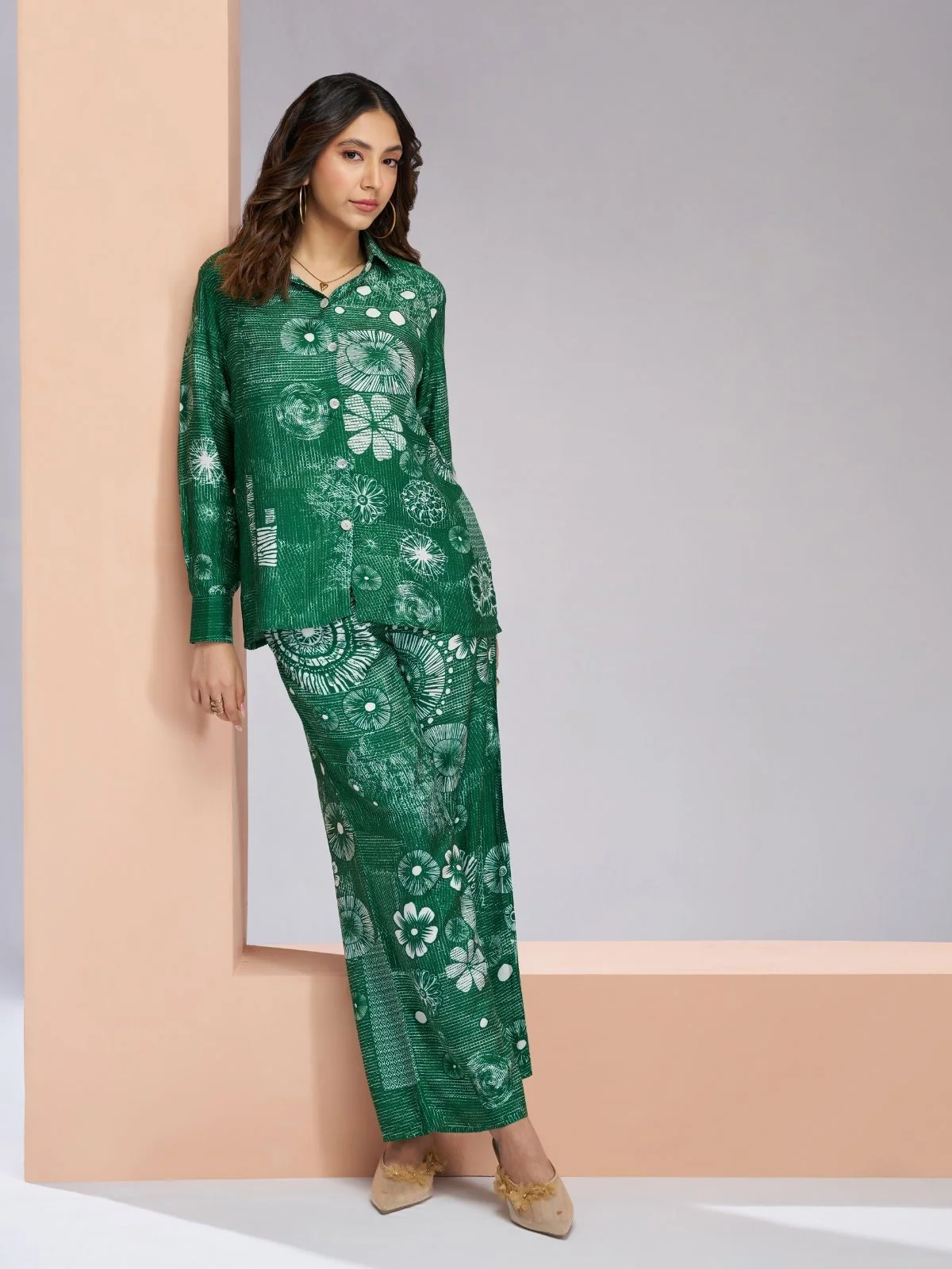 Odette Green Linen Printed Co-Ord Set For Women - Image 4