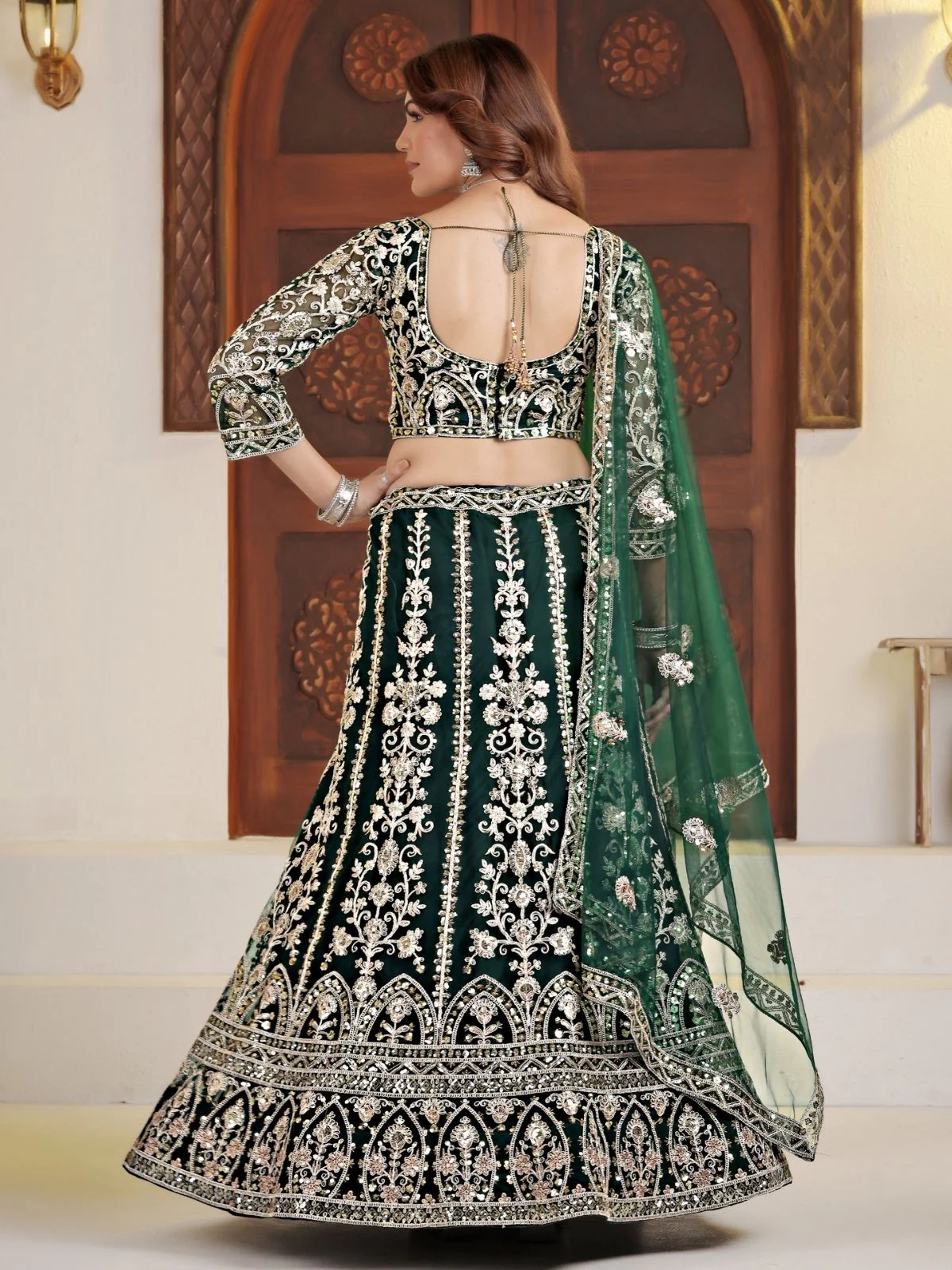 Odette Green Net Embellished Semi Stitched Lehenga For Women - Image 3