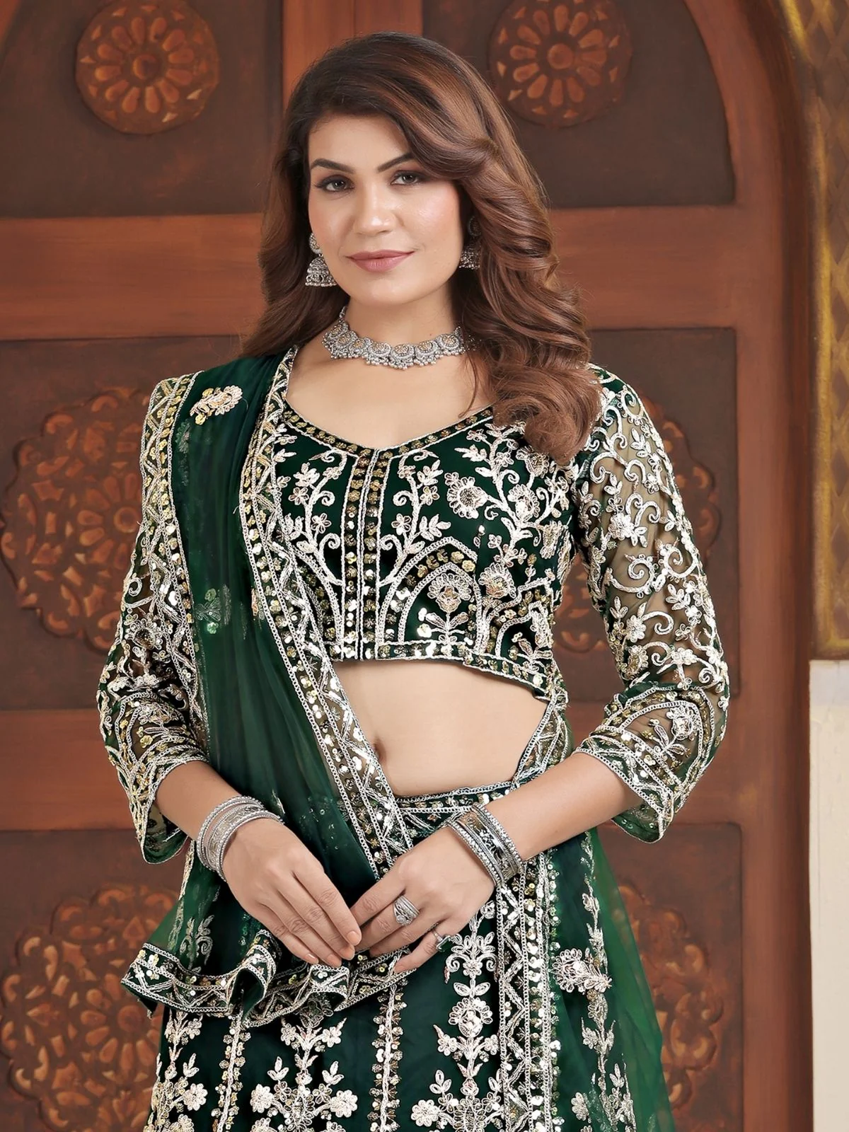 Odette Green Net Embellished Semi Stitched Lehenga For Women - Image 4
