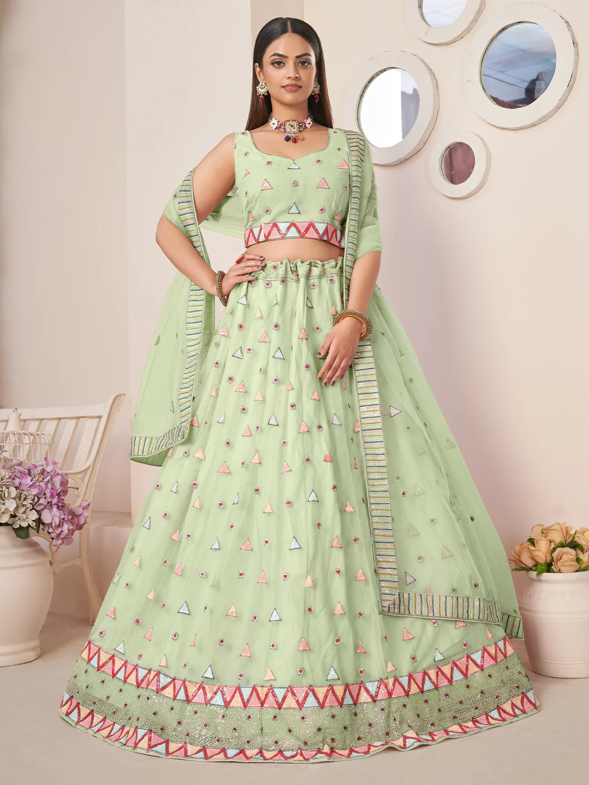 Odette Green Net Embellished Semi Stitched Lehenga With Unstitched Blouse for Women