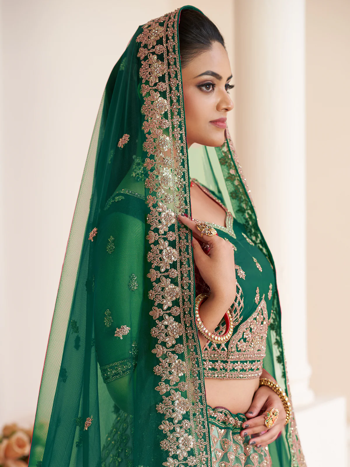 Odette Green Net Embellished Semi Stitched Lehenga With Unstitched Blouse for Women - Image 4
