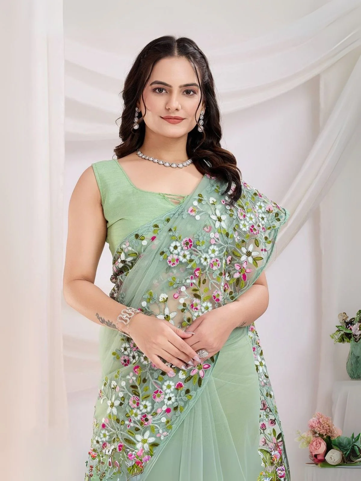 Odette Sea Green Net Embroidered Elegant Saree For Women - Image 2