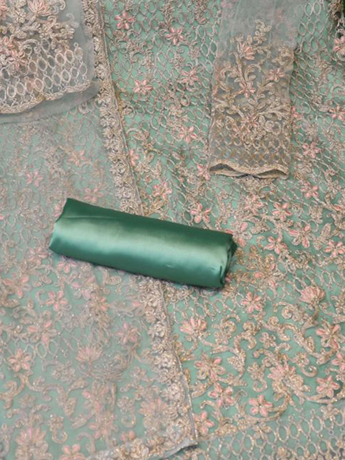 Odette Sea Green Net Embroidered Semi Stitched Kurta Set For Women - Image 3