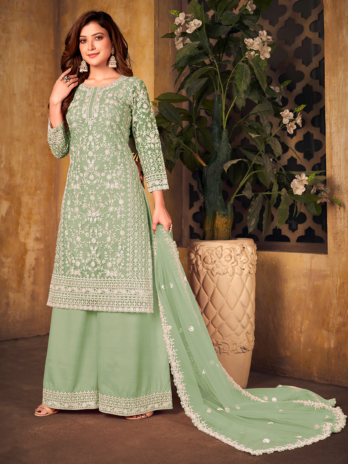 Odette Green Net Embroidered Semi stitched Kurta Set with Inner For Women - Image 2
