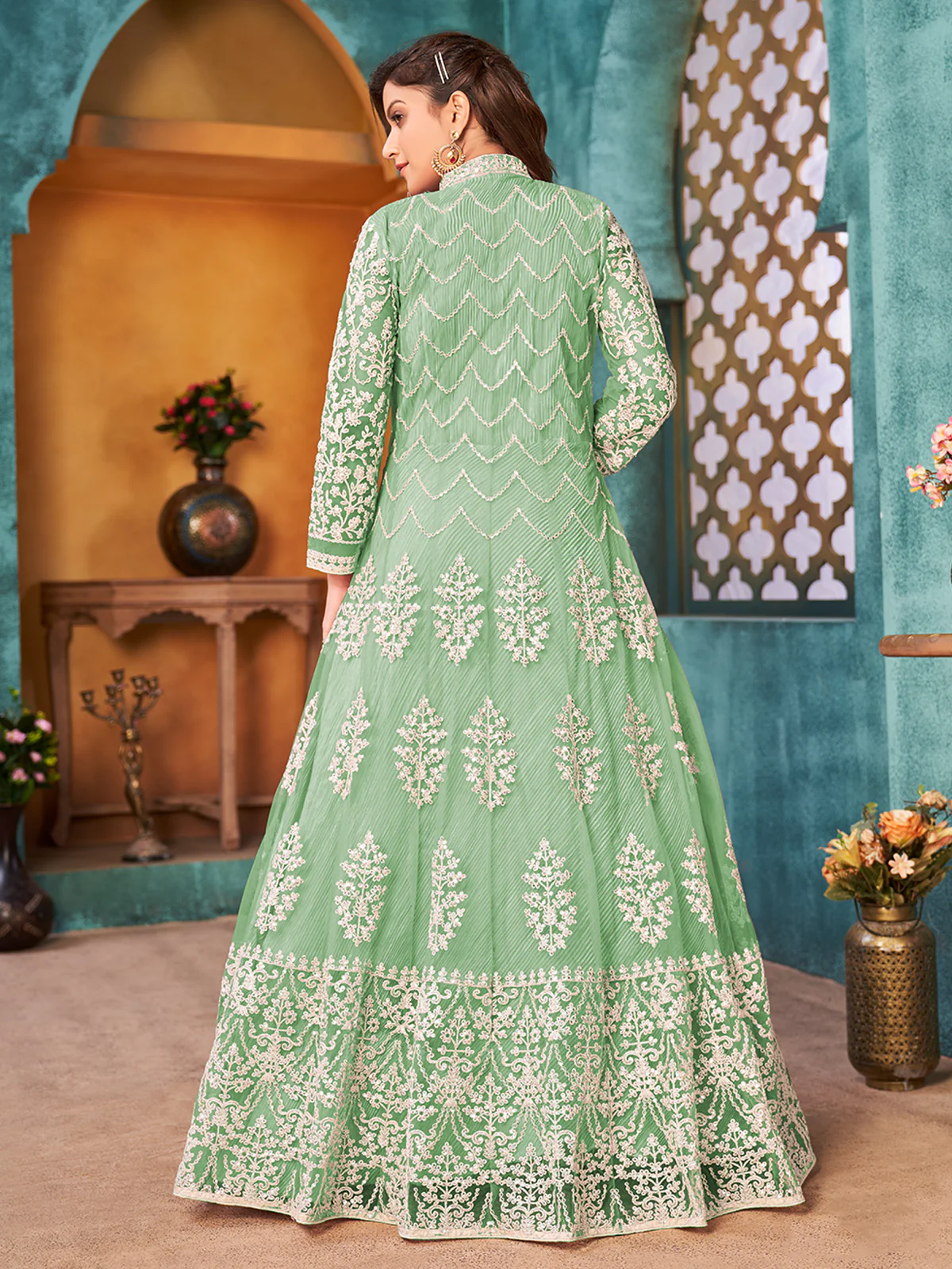 Odette Green Net  Embroidered Semi stitched Kurta Set with Inner For Women - Image 3