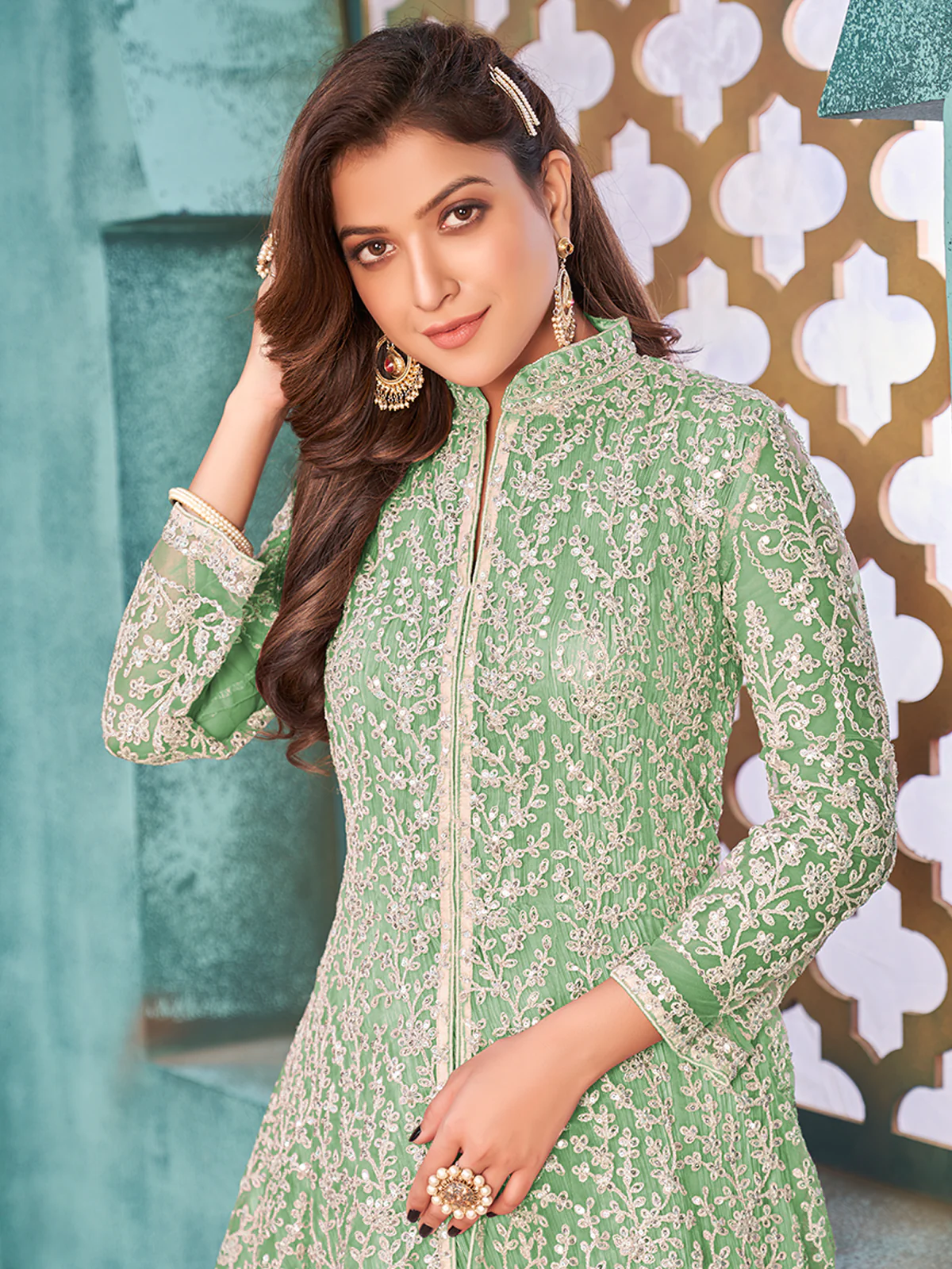Odette Green Net  Embroidered Semi stitched Kurta Set with Inner For Women - Image 4