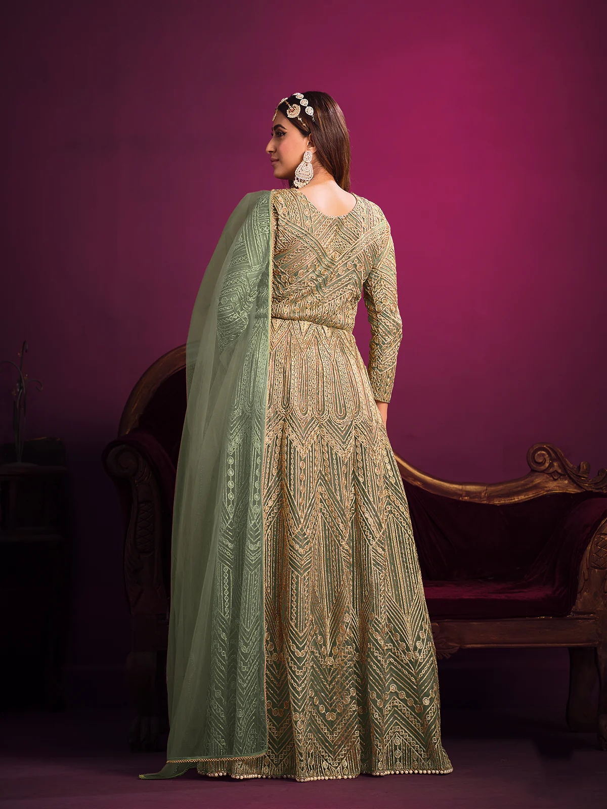 Odette Green Net  Embroidered Semi stitched Kurta Set With Inner For Women - Image 3