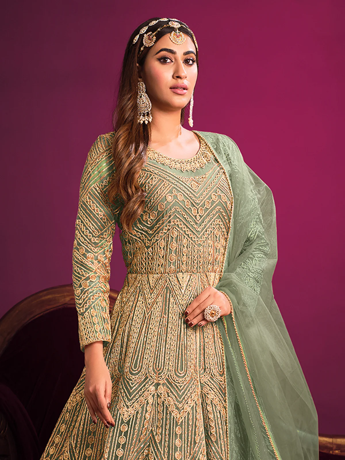 Odette Green Net  Embroidered Semi stitched Kurta Set With Inner For Women - Image 4