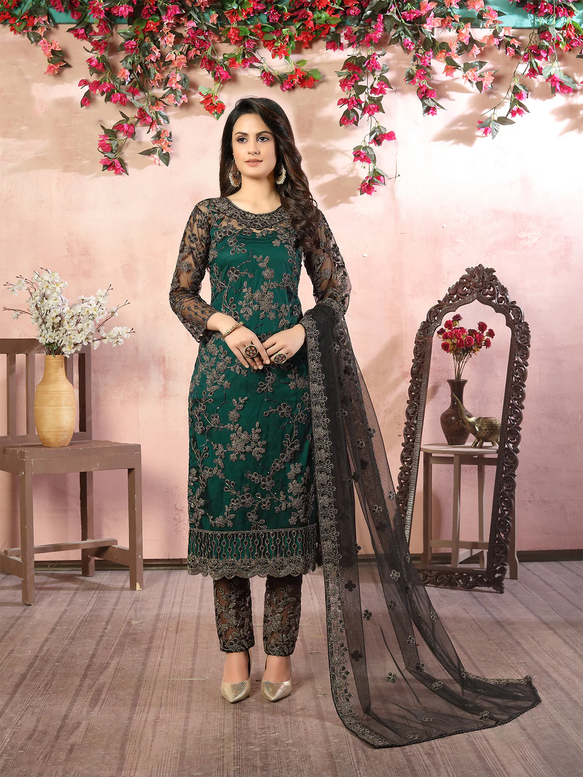 Odette Green Net Embroidered Semi stitched Kurta Set with Inner For Women - Image 2