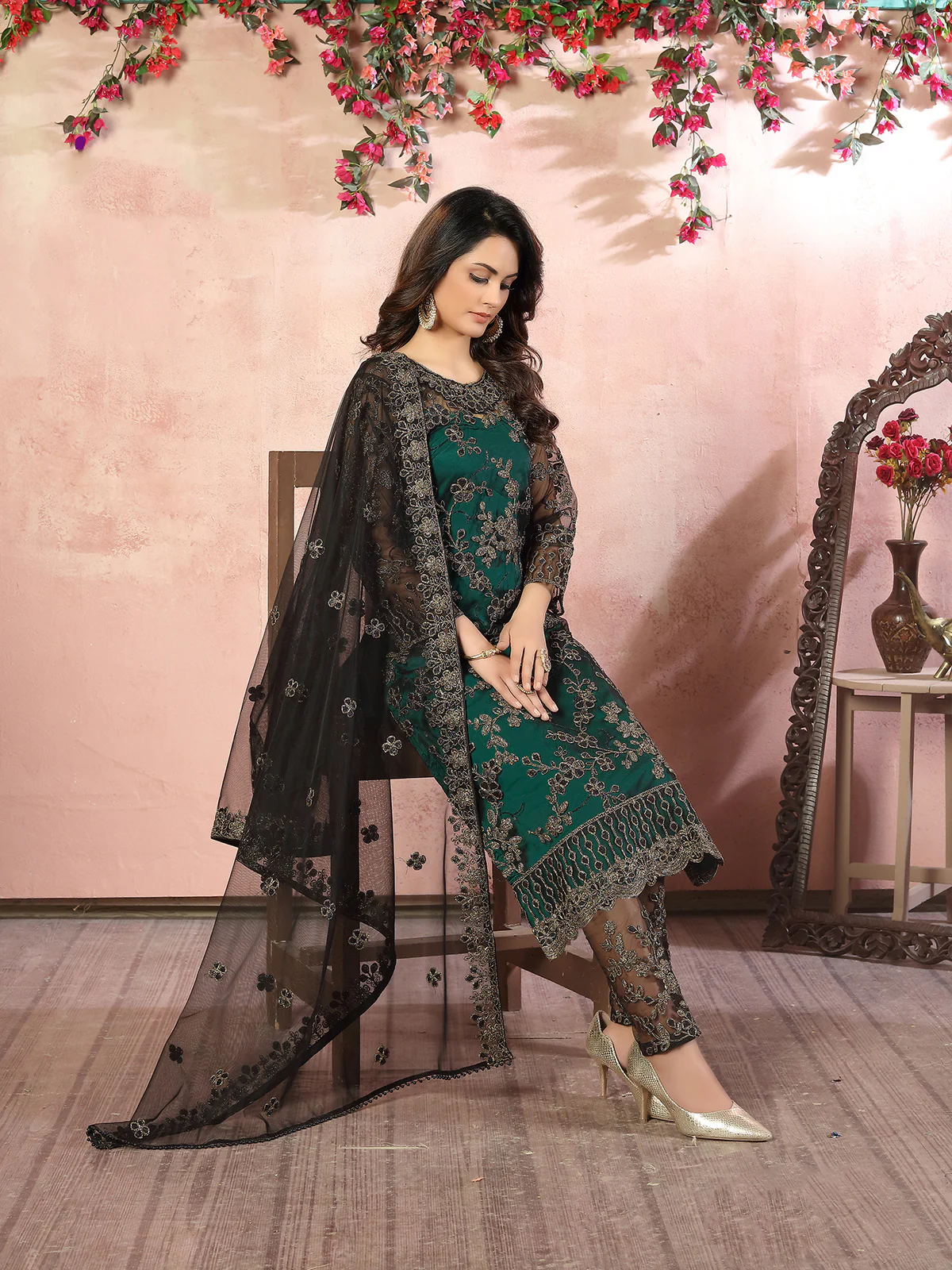 Odette Green Net Embroidered Semi stitched Kurta Set with Inner For Women - Image 3