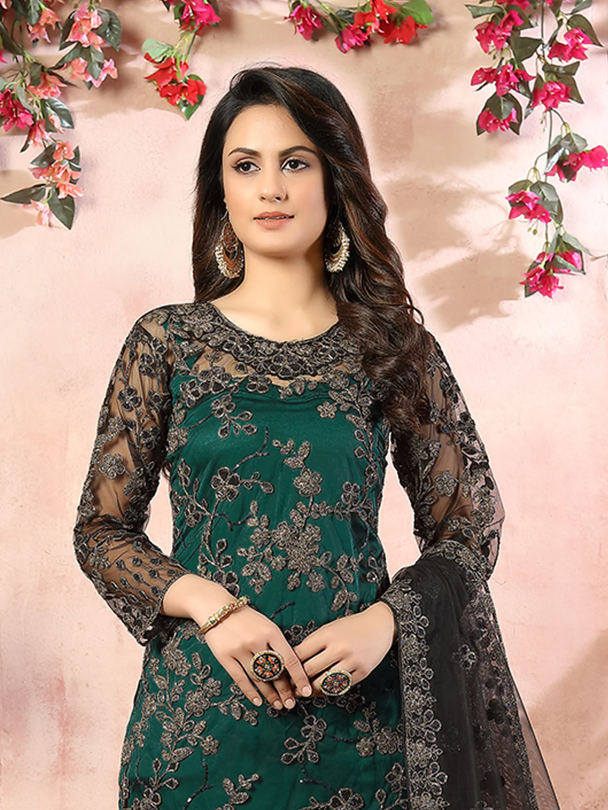 Odette Green Net Embroidered Semi stitched Kurta Set with Inner For Women - Image 4