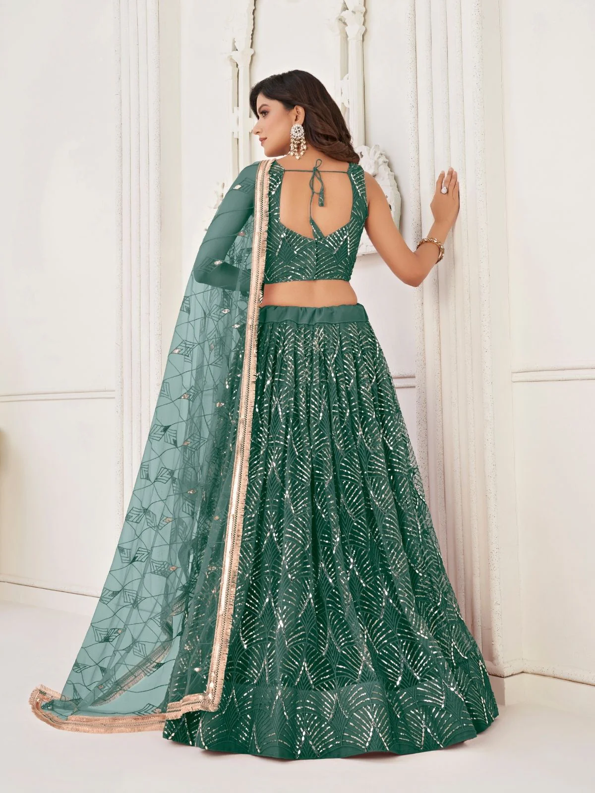 Odette Green Net Embroidered Semi Stitched Lehenga For Women - Image 3