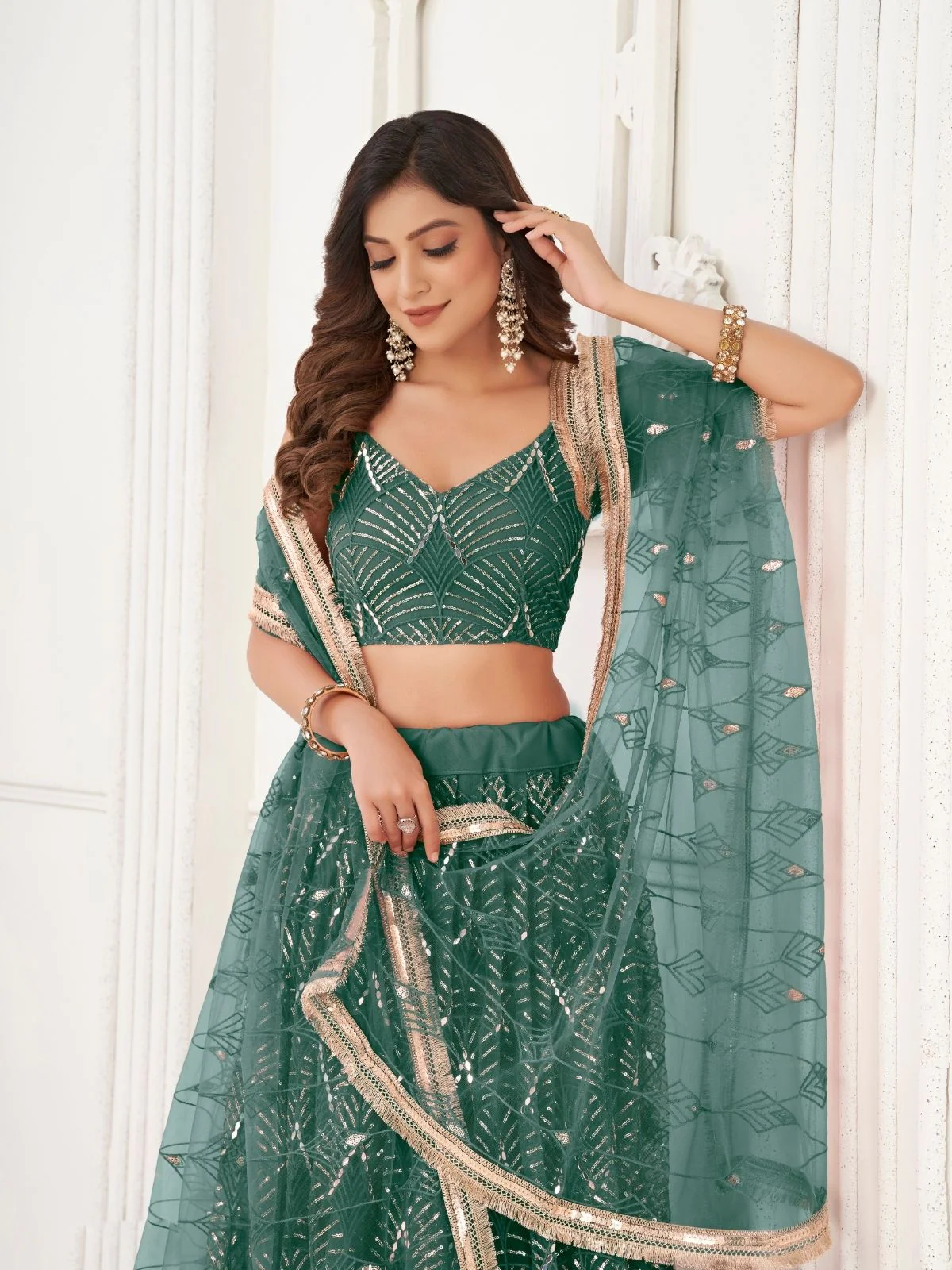 Odette Green Net Embroidered Semi Stitched Lehenga For Women - Image 4