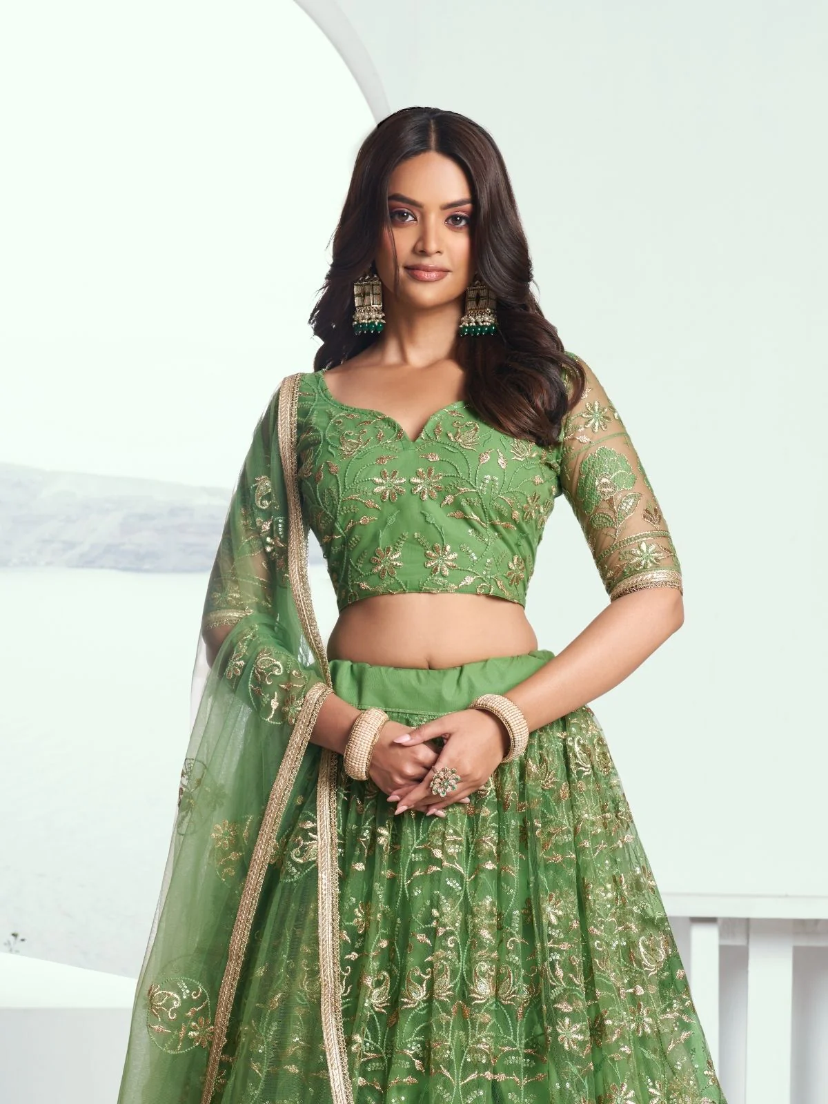 Odette Green Net Embroidered Semi Stitched Lehenga For Women - Image 2