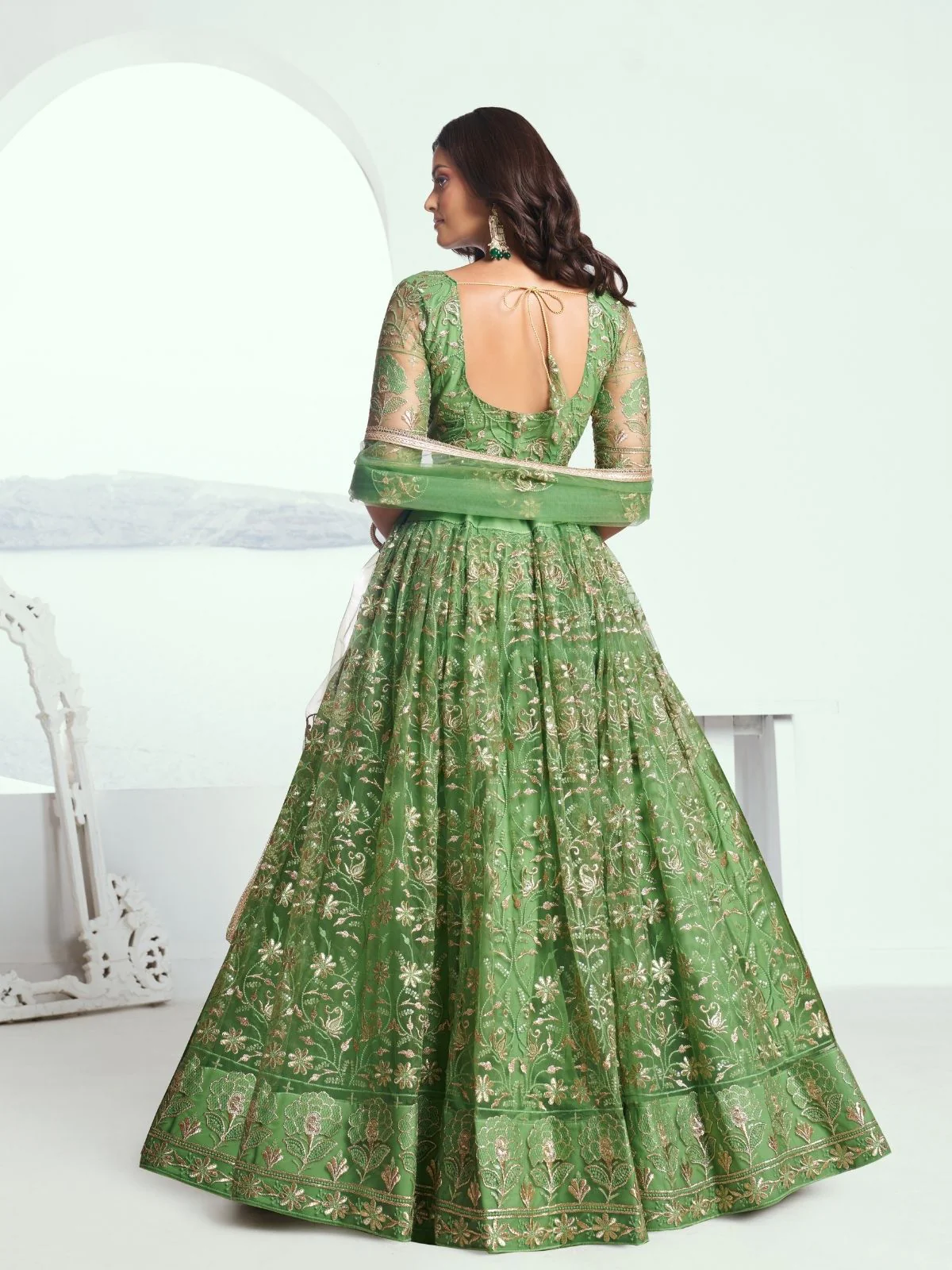 Odette Green Net Embroidered Semi Stitched Lehenga For Women - Image 3