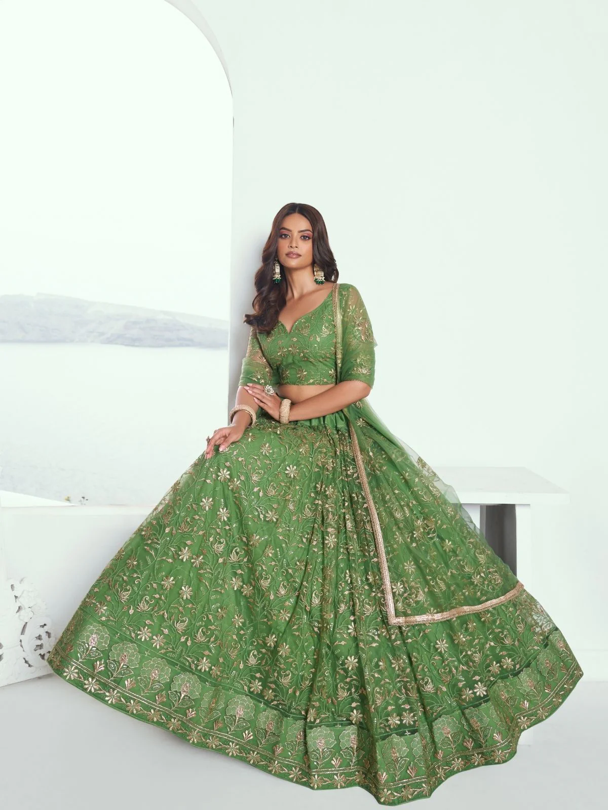 Odette Green Net Embroidered Semi Stitched Lehenga For Women - Image 4