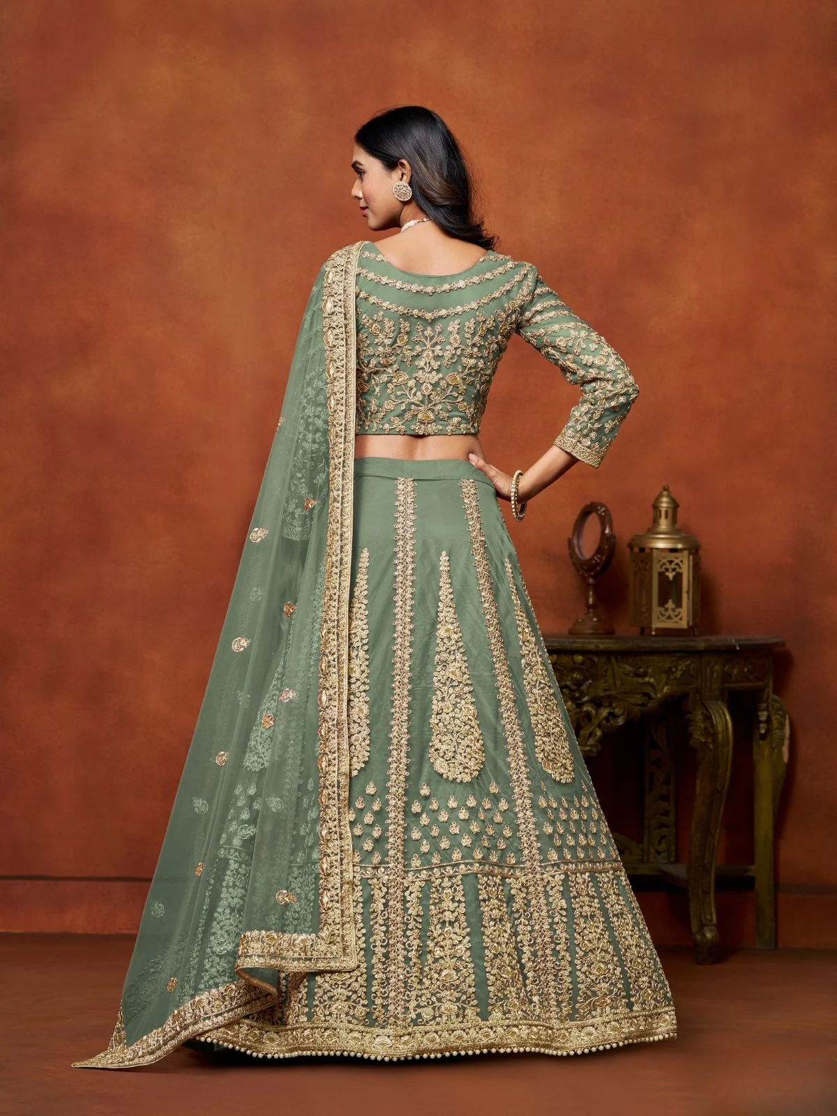 Odette Green Net Embroidered Semi-Stitched lehenga For Women - Image 3