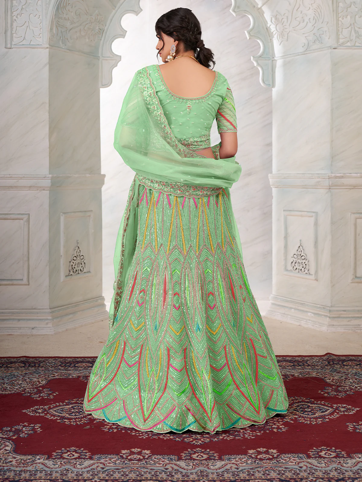 Odette Green Net Embroidered Semi Stitched Lehenga With Unstitched Blouse for Women - Image 3