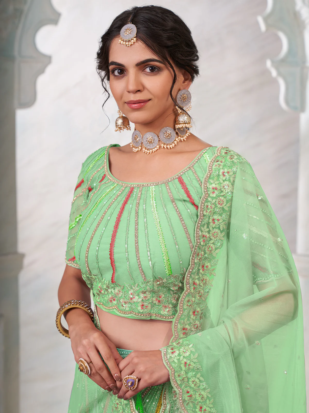 Odette Green Net Embroidered Semi Stitched Lehenga With Unstitched Blouse for Women - Image 4