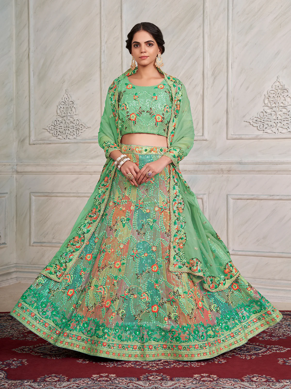 Odette Green Net Embroidered Semi Stitched Lehenga With Unstitched Blouse for Women - Image 2