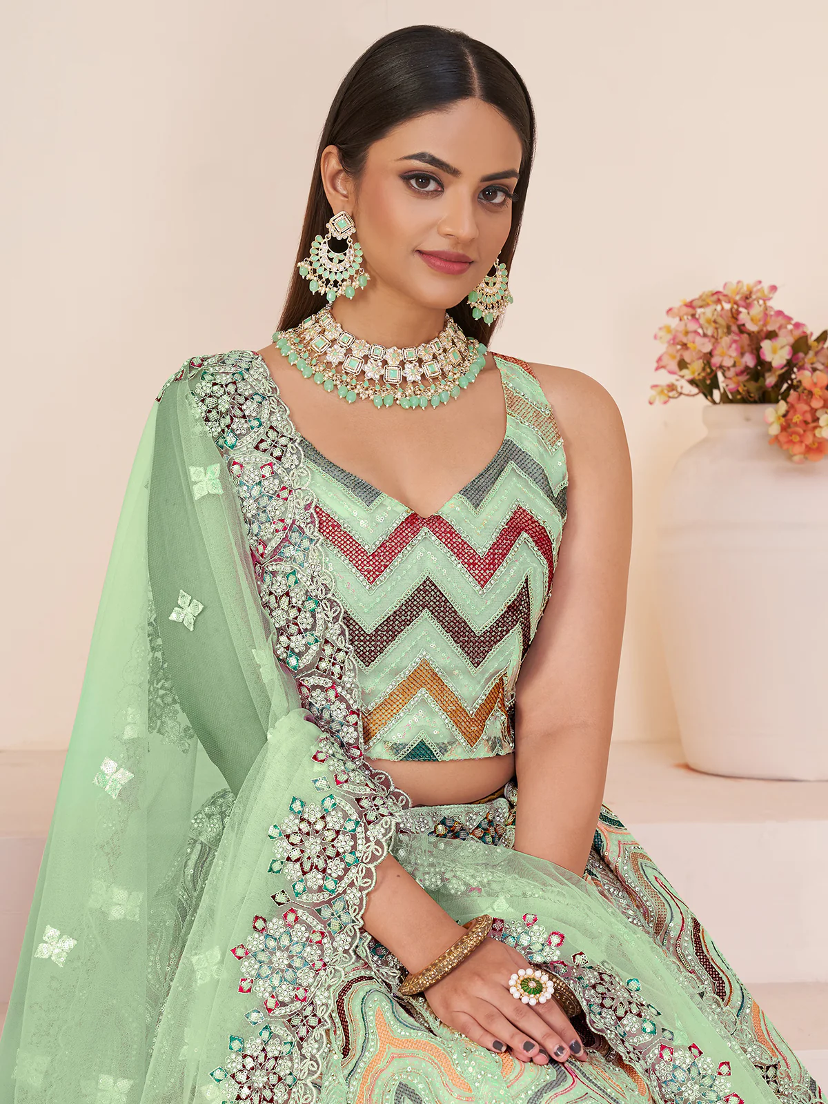 Odette Green Net Embroidered Semi Stitched Lehenga With Unstitched Blouse for Women - Image 4