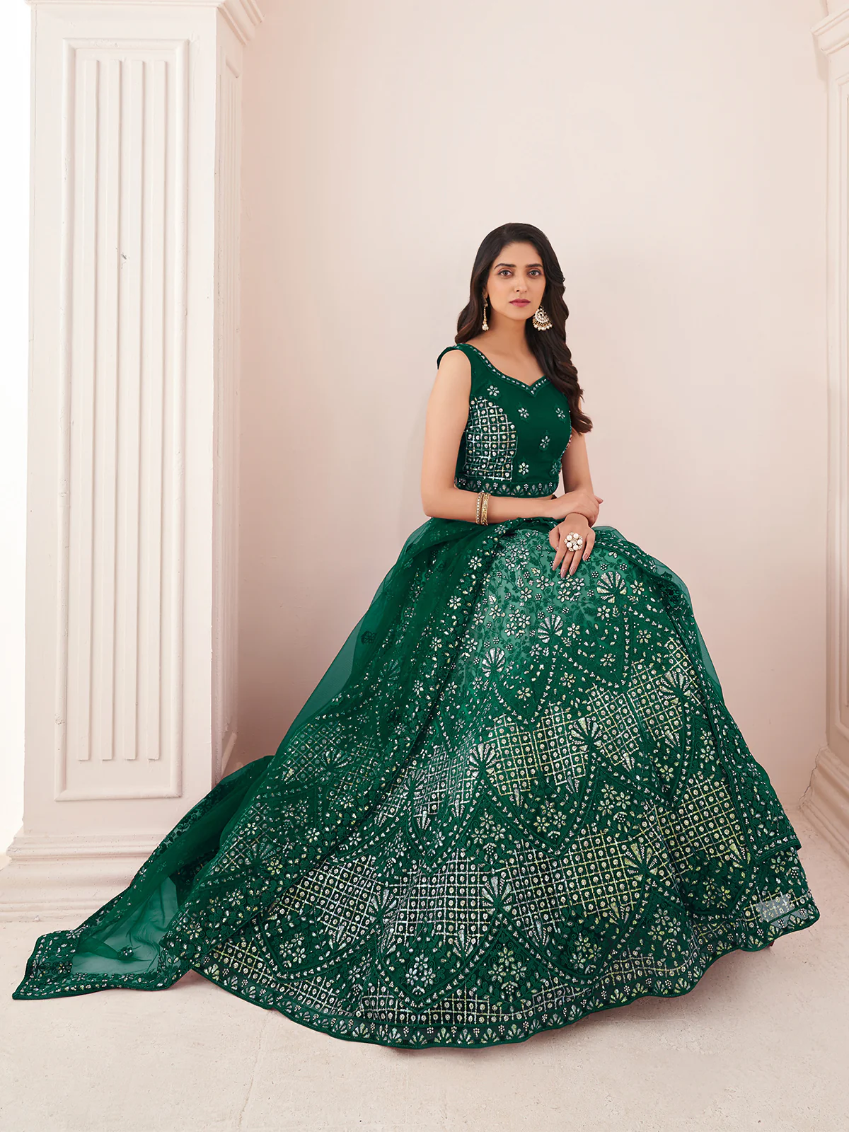 Odette Green Net Embroidered Semi Stitched Lehenga With Unstitched Blouse for Women - Image 2