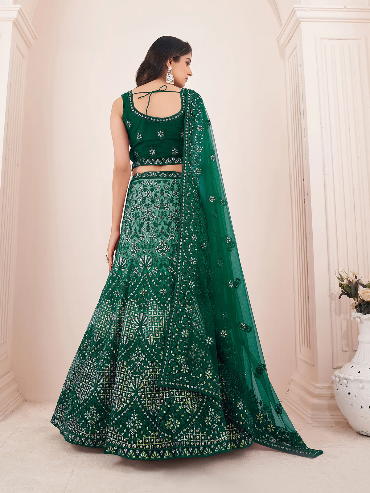 Odette Green Net Embroidered Semi Stitched Lehenga With Unstitched Blouse for Women - Image 3