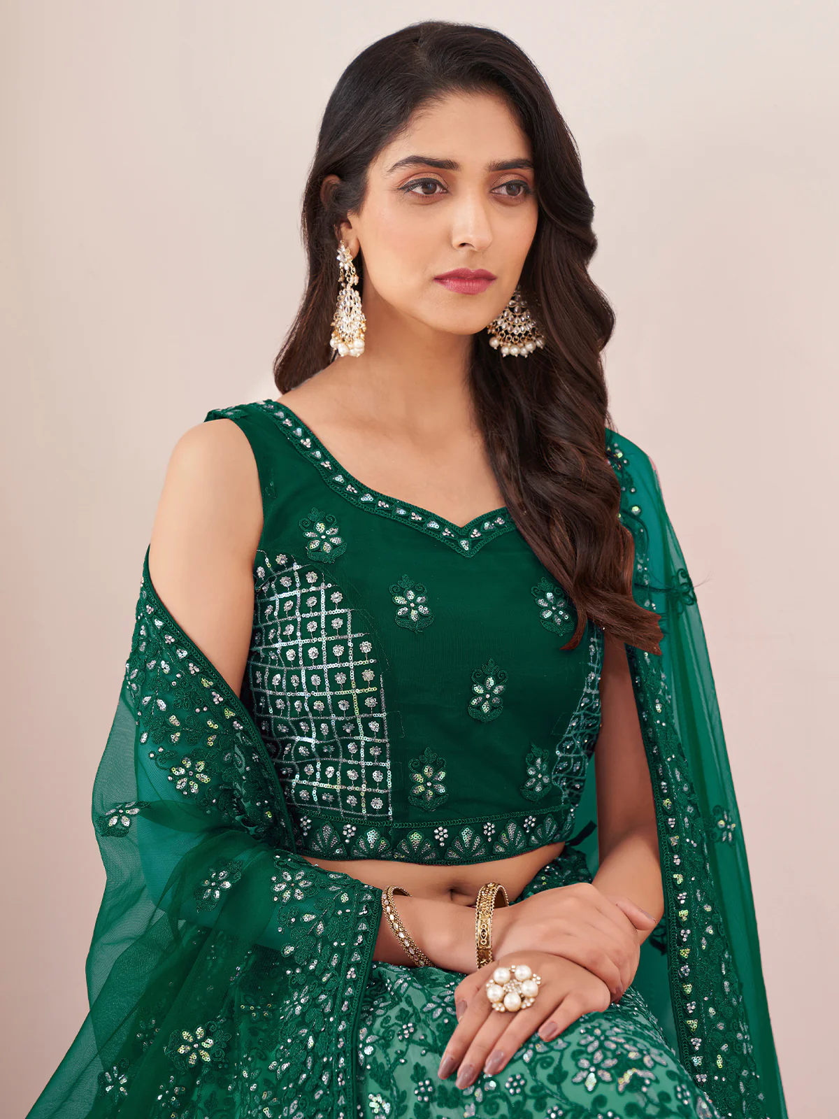 Odette Green Net Embroidered Semi Stitched Lehenga With Unstitched Blouse for Women - Image 4
