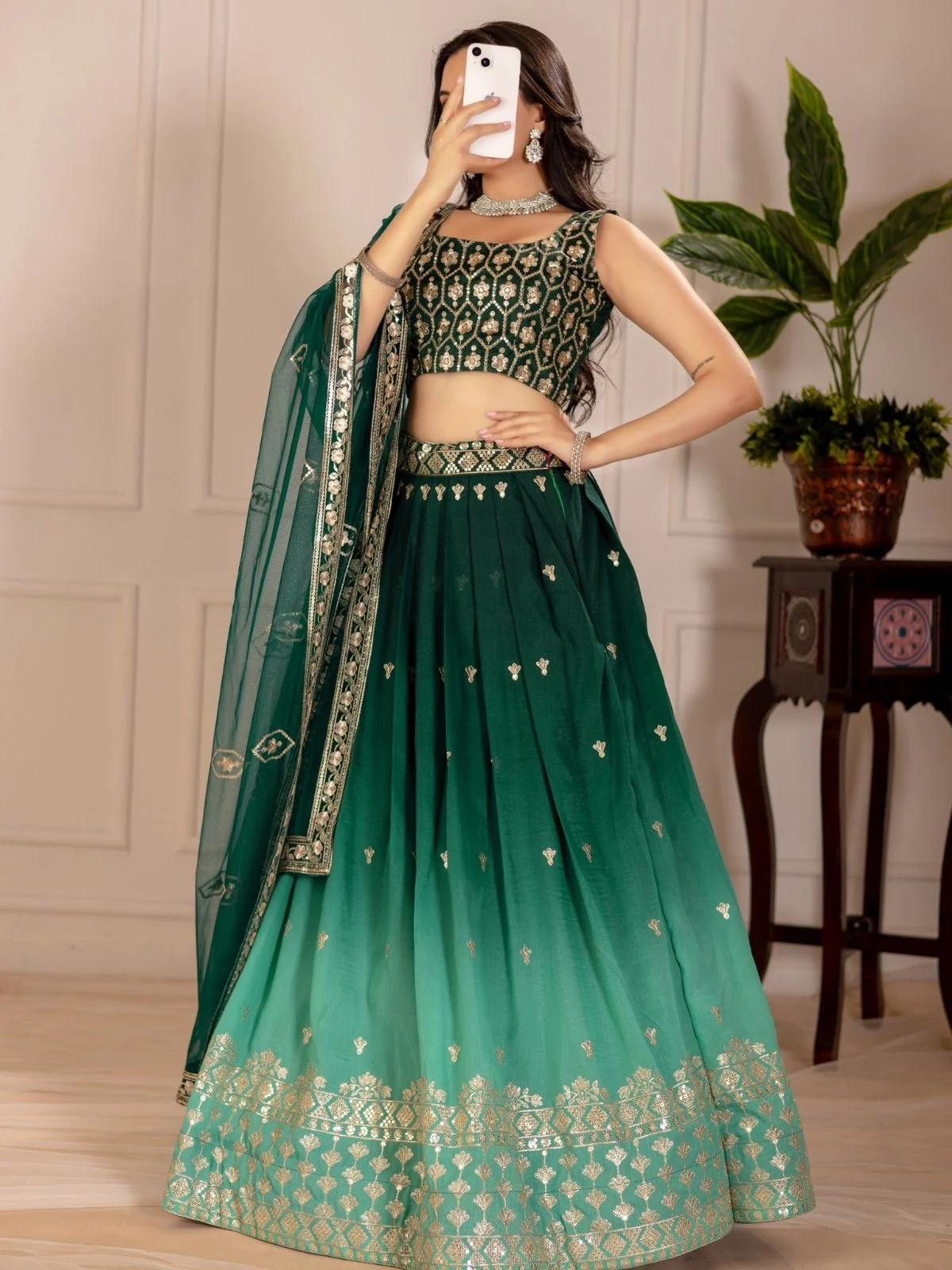 Odette Green Ombre Silk Blend Embroidered Semi-Stitched lehenga For Women - Image 2
