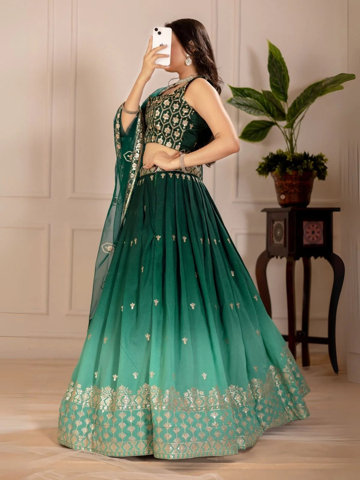 Odette Green Ombre Silk Blend Embroidered Semi-Stitched lehenga For Women - Image 3