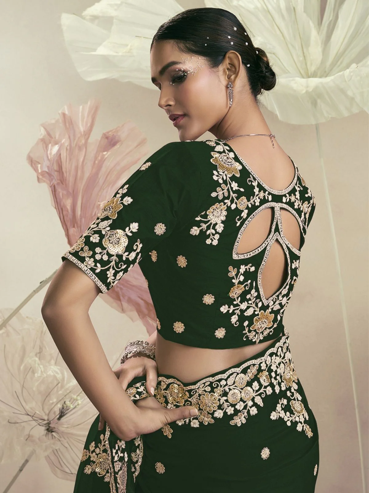 Odette Green Organza Embellished Elegant Saree For Women - Image 3