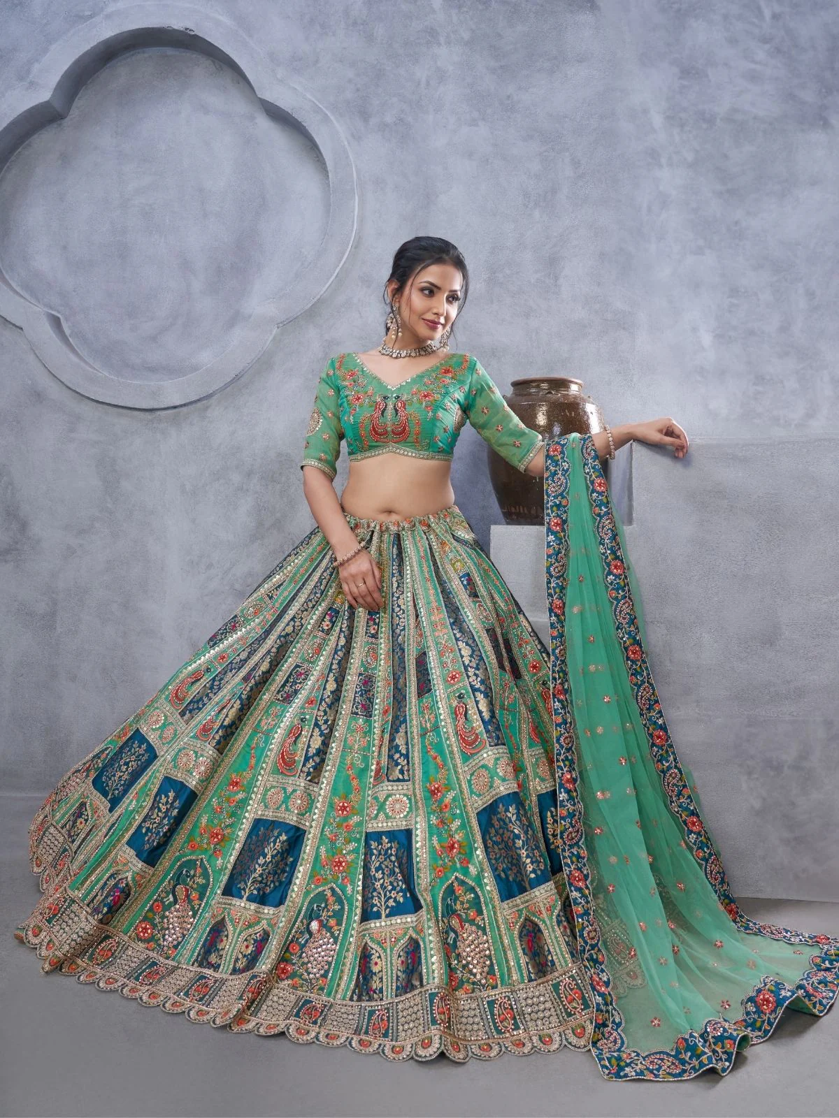 Odette Green Organza Embellished Semi-Stitched Lehenga With Unstitched Blouse For Women - Image 2