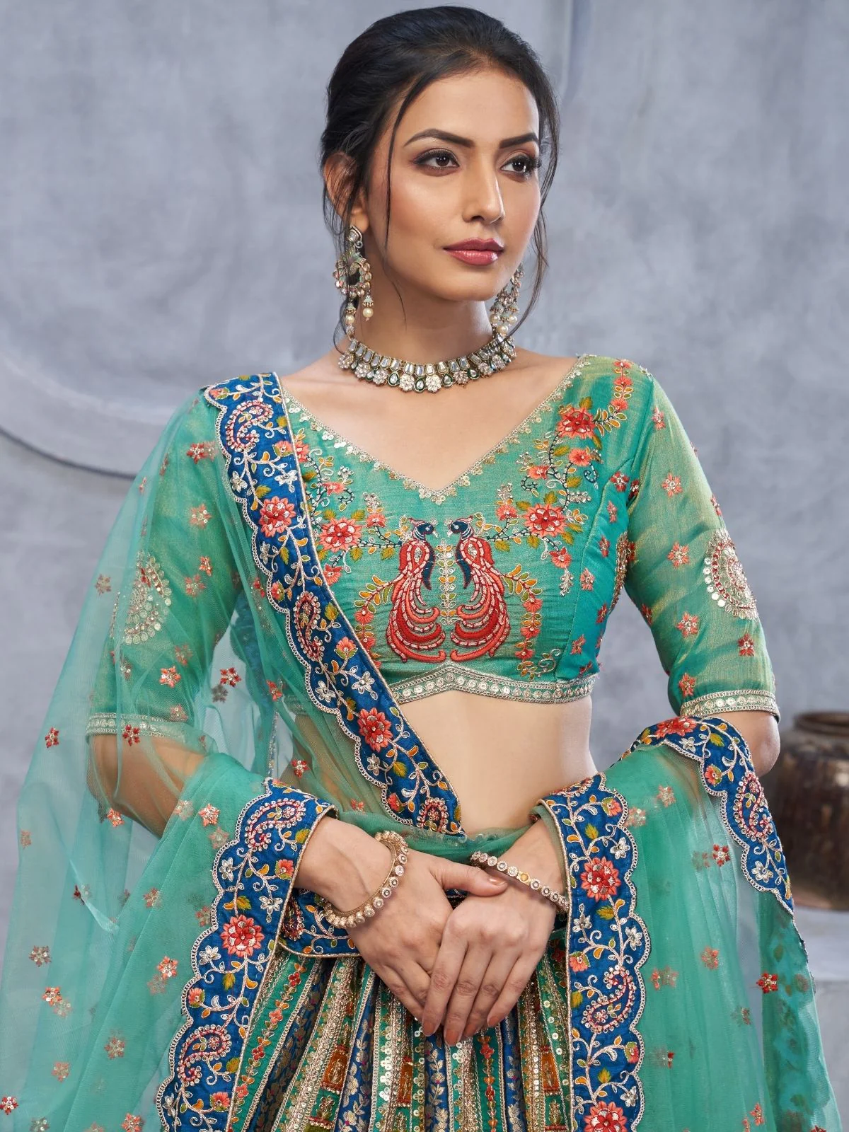 Odette Green Organza Embellished Semi-Stitched Lehenga With Unstitched Blouse For Women - Image 4