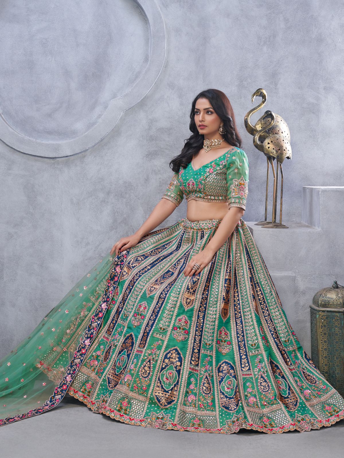 Odette Green Organza Embellished Semi-Stitched Lehenga With Unstitched Blouse For Women - Image 2