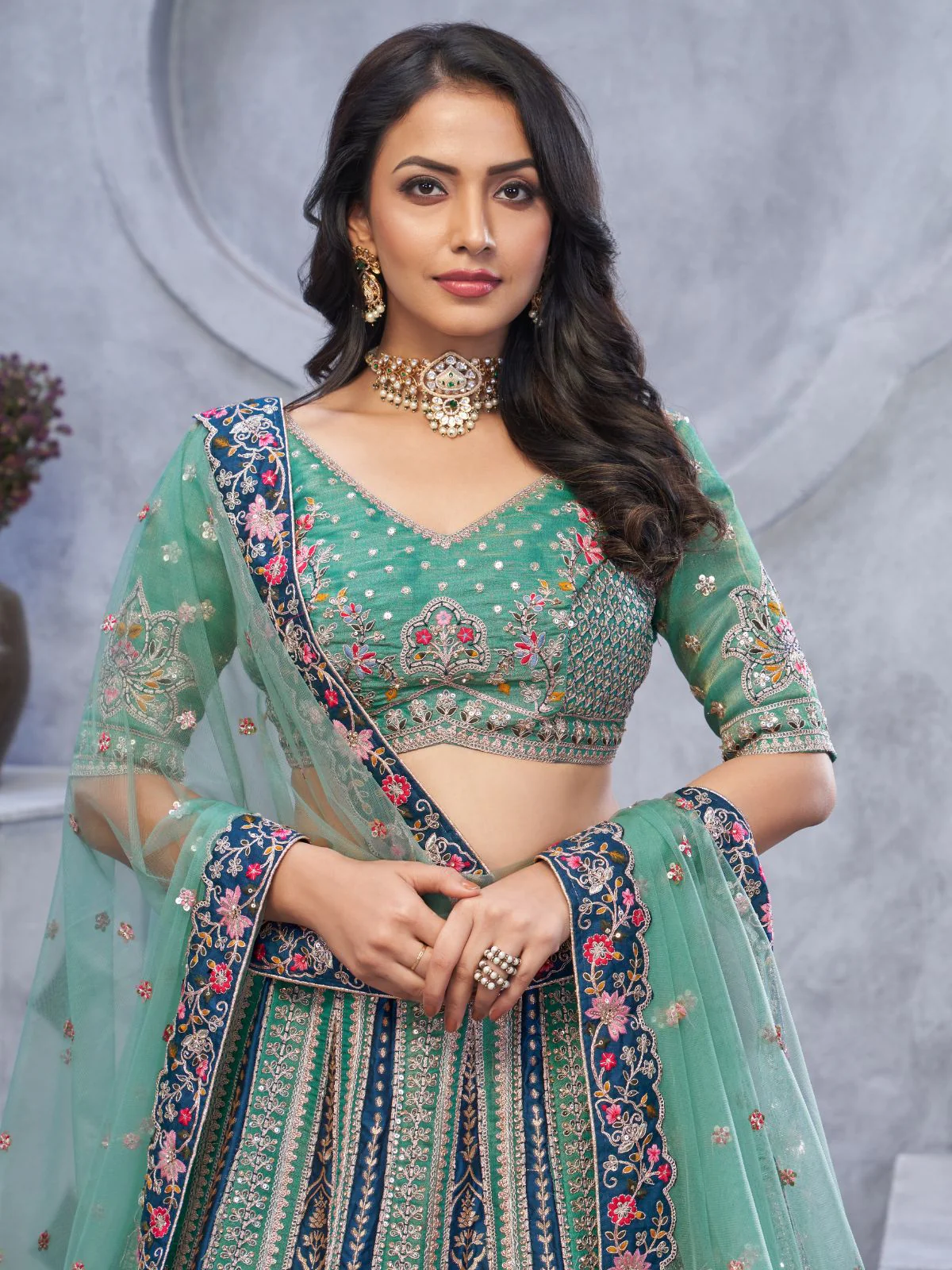 Odette Green Organza Embellished Semi-Stitched Lehenga With Unstitched Blouse For Women - Image 4