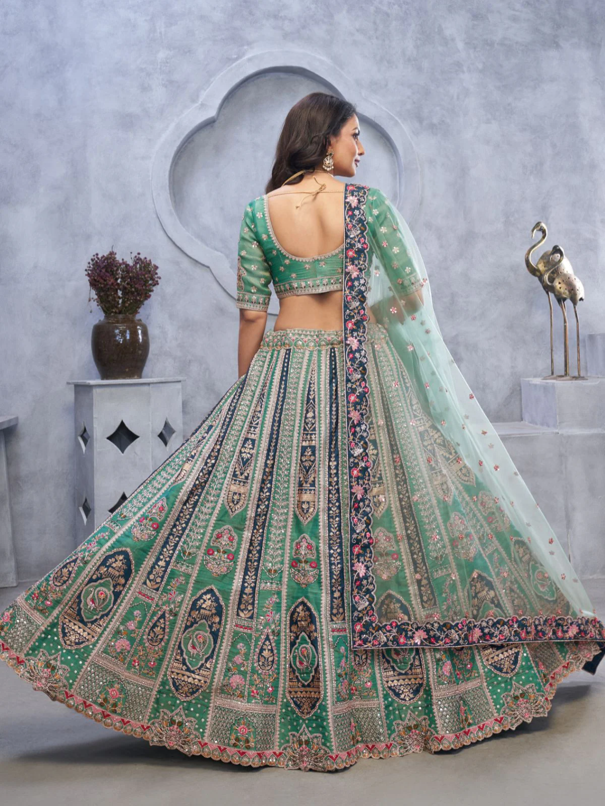 Odette Green Organza Embellished Semi-Stitched Lehenga With Unstitched Blouse For Women - Image 5