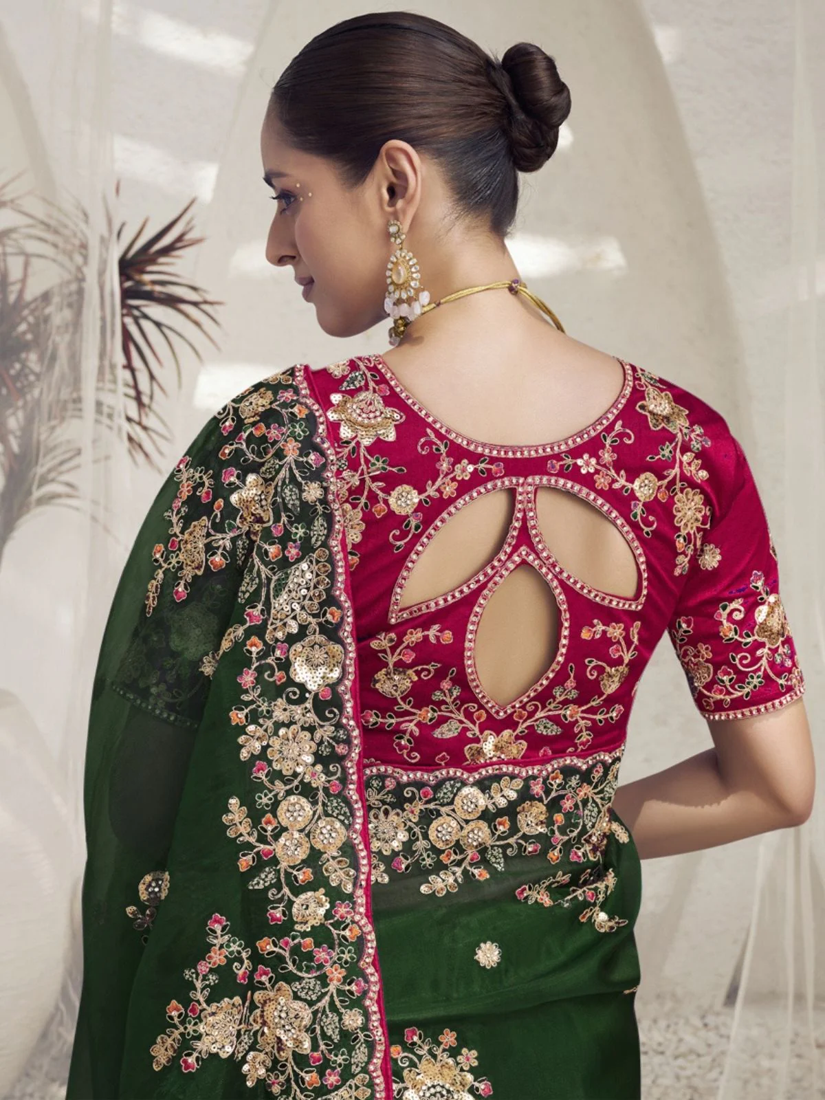 Odette Green Organza Embroidered Elegant Saree For Women - Image 3
