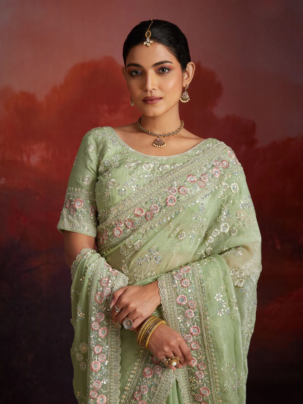 Odette Green Organza Embroidered Saree For Women - Image 3