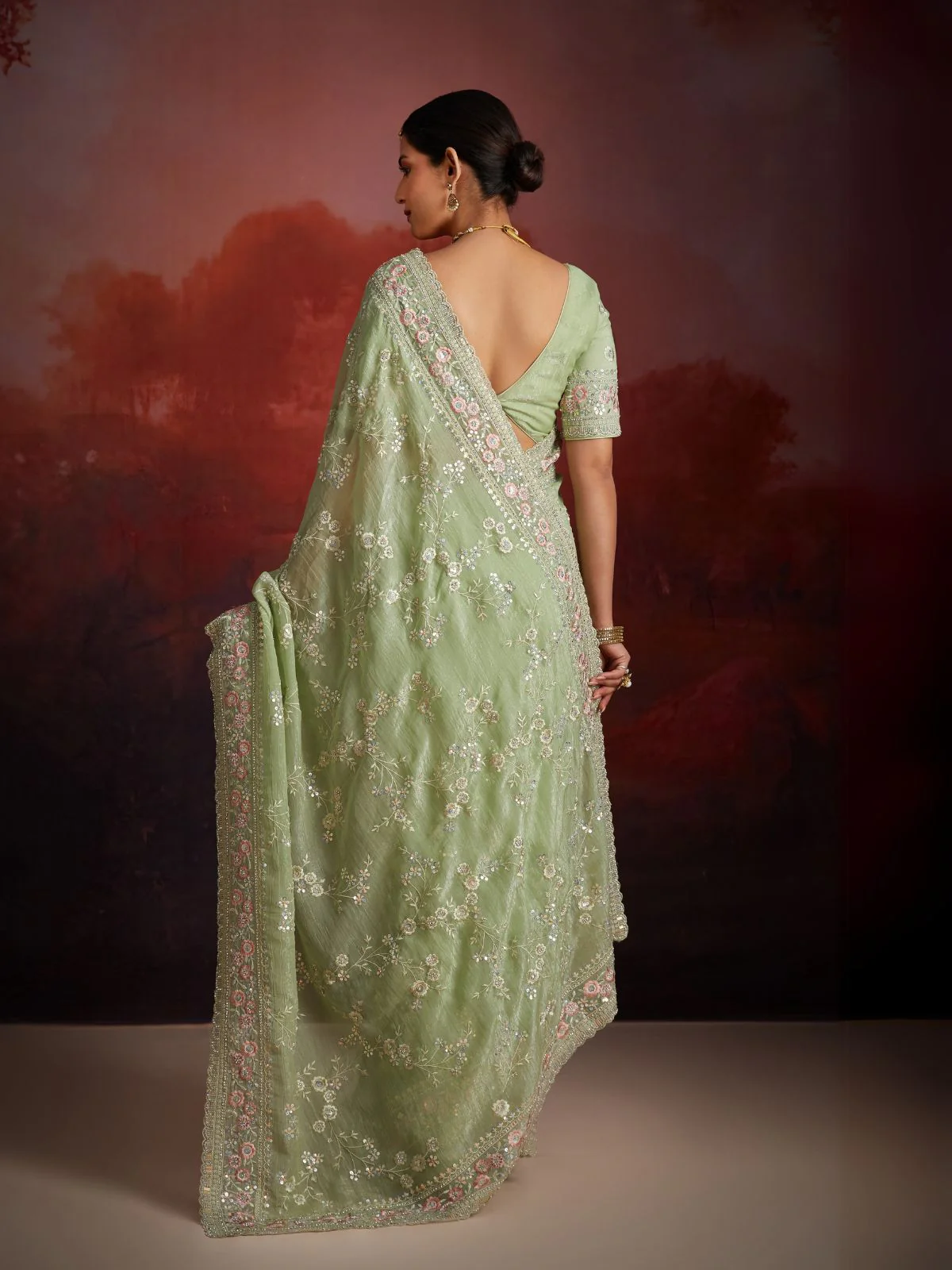 Odette Green Organza Embroidered Saree For Women - Image 4