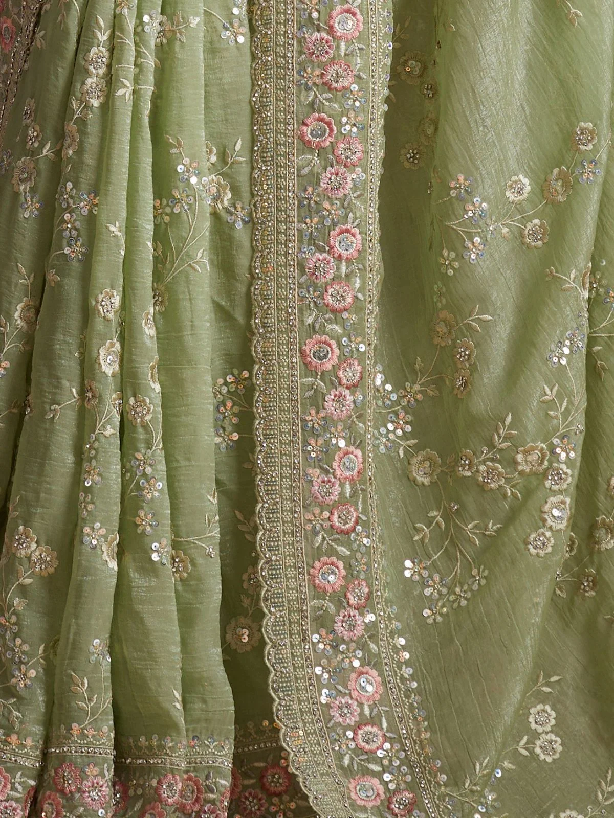 Odette Green Organza Embroidered Saree For Women - Image 5